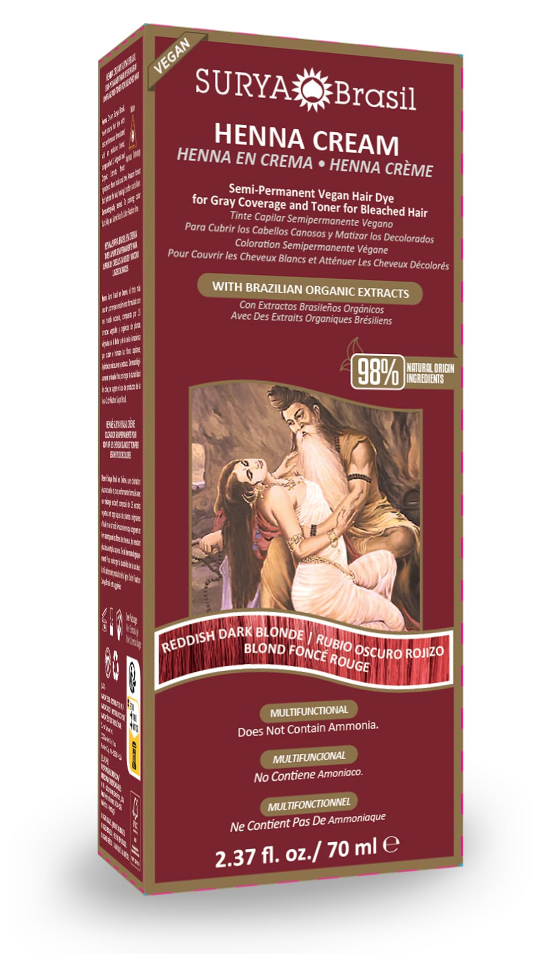 SURYA BRASILHenna Cream Hair Color Treatment, Semi Permanent Hair Color for Gray Hair Coverage, Natural Henna Hair Color, Deep Conditioning Hair Dye, Reddish Dark Blonde, 2.37 oz / 70 ml