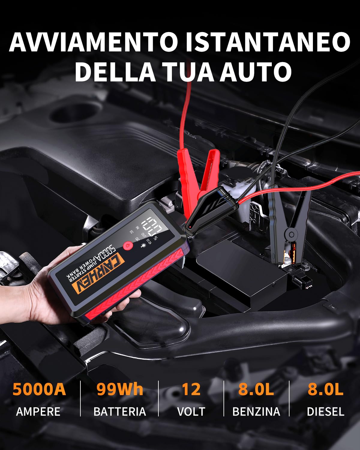 CARHEV Booster Avviamento Auto, 5000A Avviatore Batteria Auto (Fino a 8.0L Benzina/8.0L Diesel), 12V Avviatore Emergenza per Auto con Grande Display LCD e Torcia LED, Starter batteria auto con QC3.0