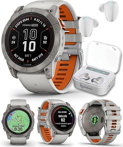 Garmin Fenix 7X Pro Solar Sapphire Multisport GPS 2.008 in Reloj inteligente, titanio, grisnaranja con auriculares Wearable4U White