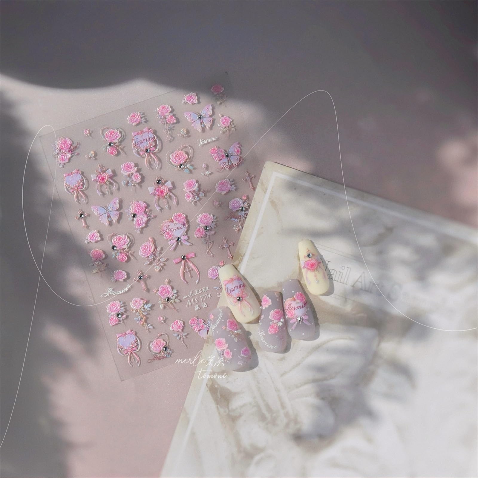 3pcs Sweet Pink Flower Nail Art Stickers Crystal Diamond 5D Rose Butterfly Self Adhesive Nails DIY Manicure Decorations(Beige)