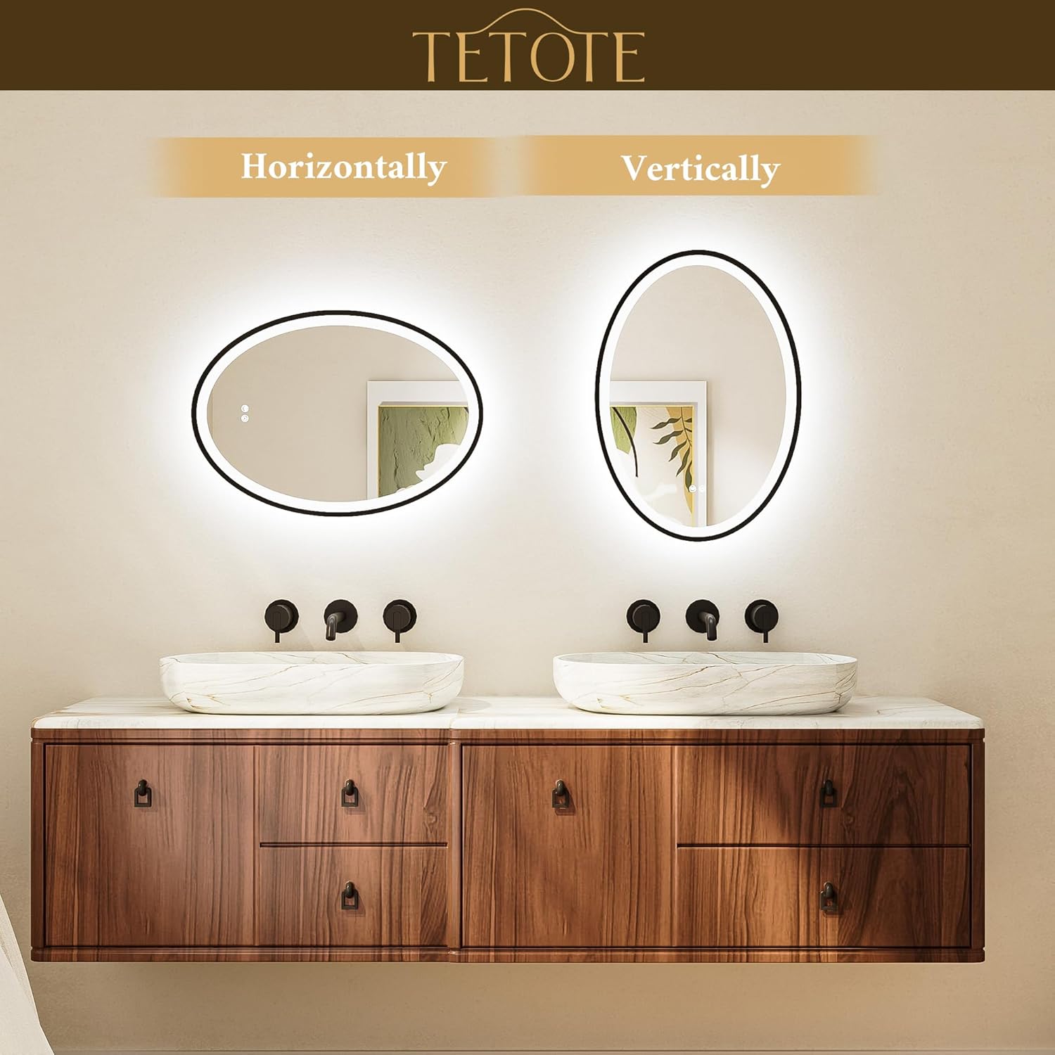 TETOTE Oval Led Lighted Bathroom Mirror Matte Black Frame 20" x 28" Front and Backlit Oval Light up Vanity Mirror with Lights, 3 Color Illuminated Dimmable Anti Fog Wall Mount, IP54 CRI 90+