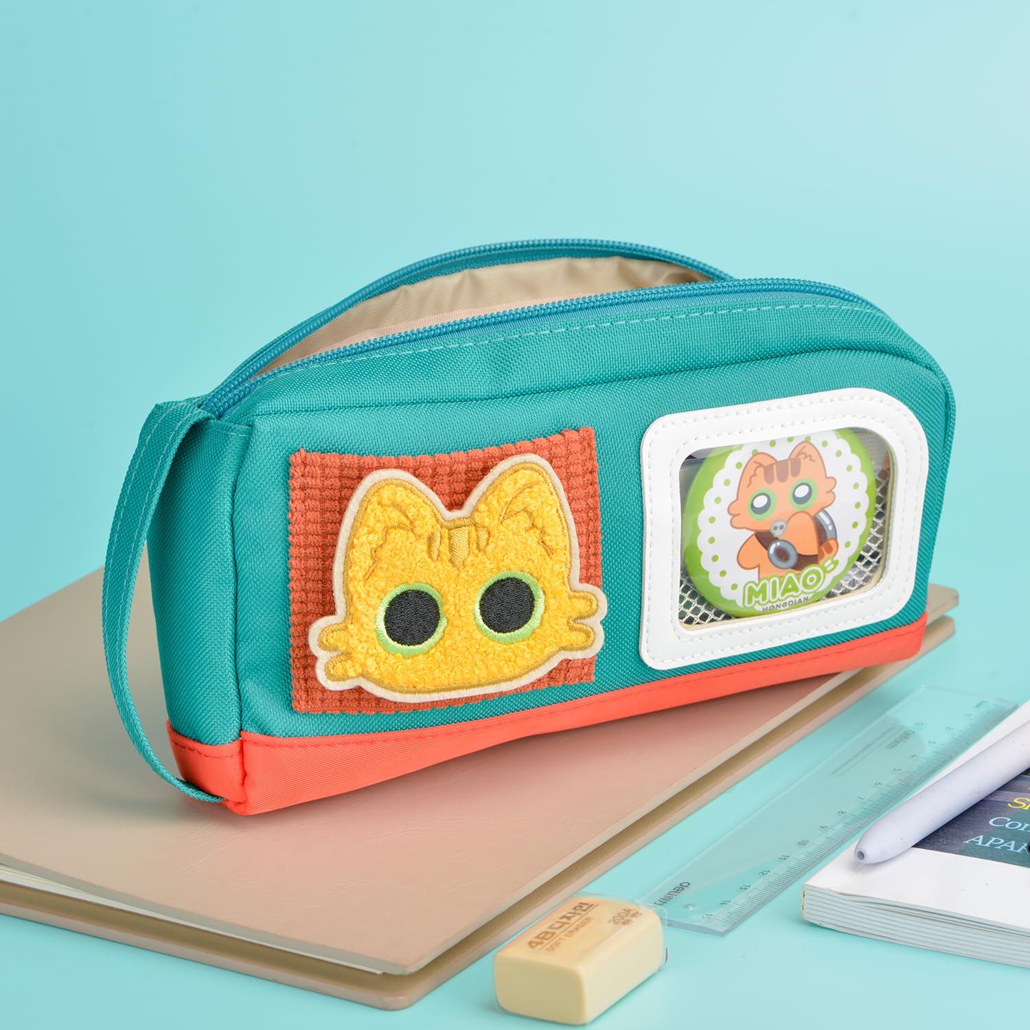 Cute Cat Pencil Case Large Capacity Pencil Case for Teens Girls Boys with Magic Sticker and Decorative Badges Green - Image 4