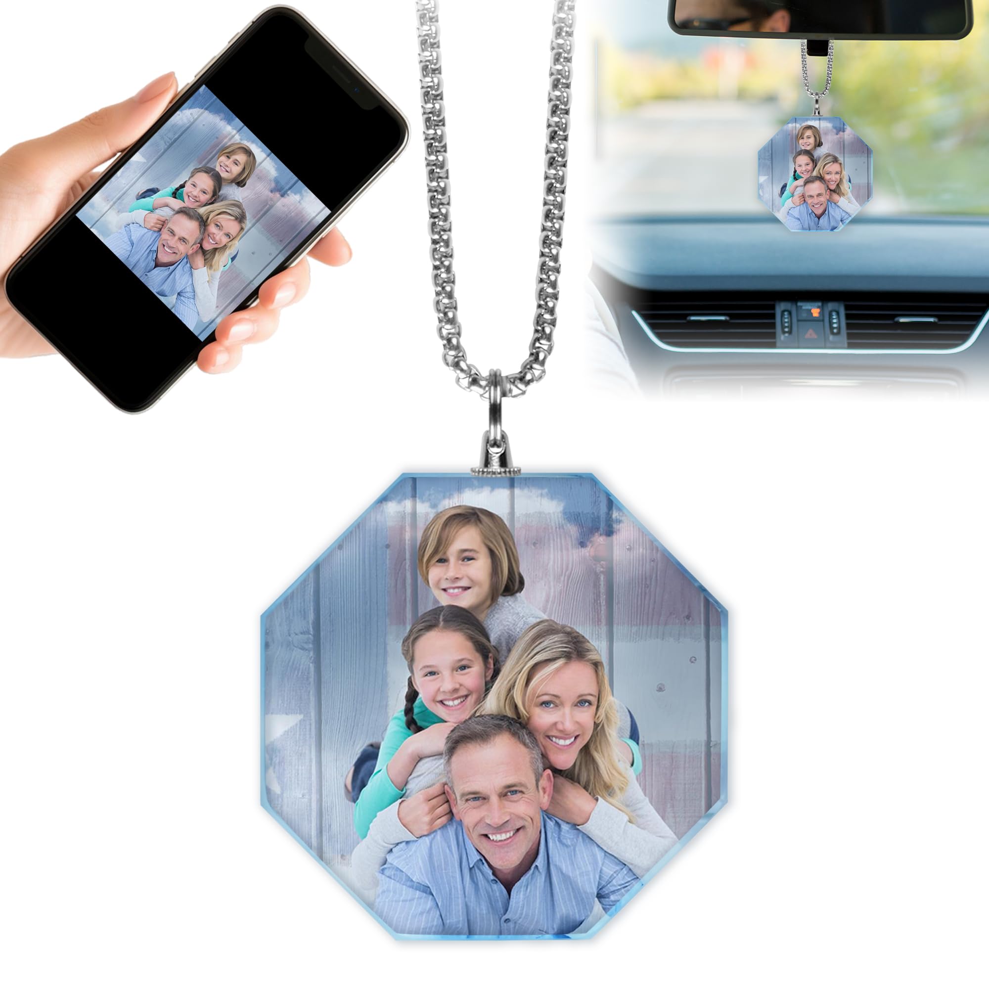 TEQUAN Custom Photo Car Rear View Mirror Crystal Hanging Ornament Decor, Personalized Picture Car Rearview Mirror Pendant Charm Interior Decoration