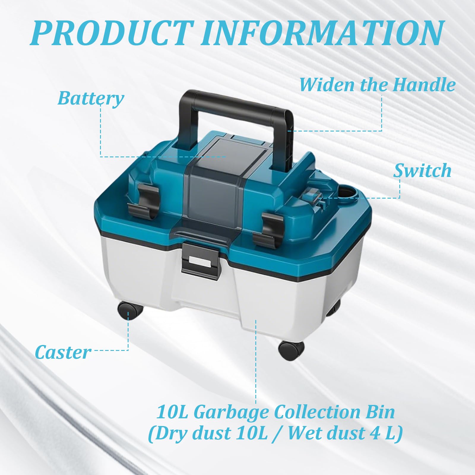 Aspiradora de Sólidos y Líquidos Compatible con Batería Makita 18V, con Filtro HEPA, Depósito de 10L, 18KPa Potencia, Aspiradora de Taller Portátil para Hogar, Garaje y Coche (Sin Batería)