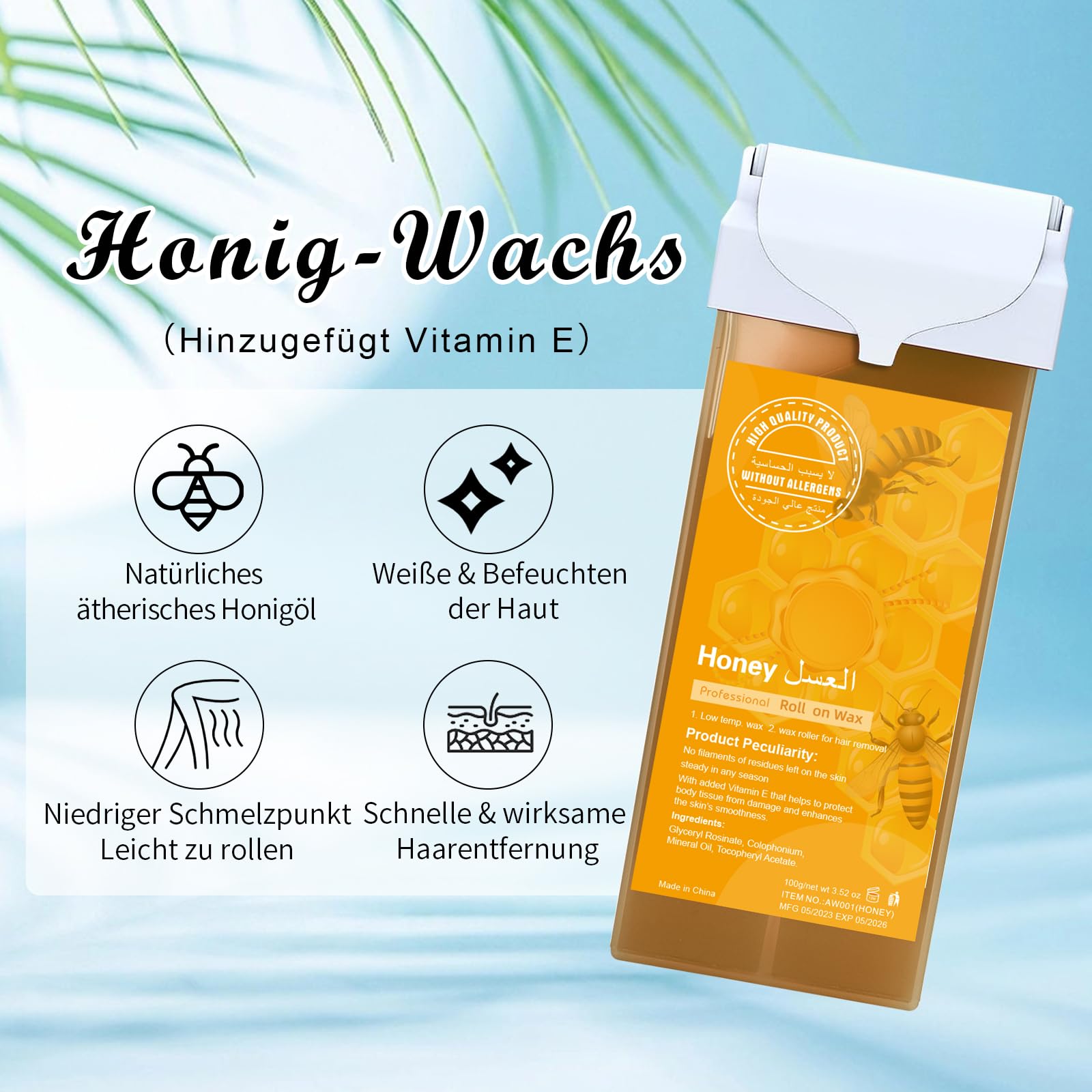 Roll On Wachsgerät Set, Demine Waxing Set für Wachs Haarentfernung, Digitales Wax Maschine mit 2 Honig Roll On Wachspatronen, 100 Vliesstreifen, Waxing Vor- und Nachbehandlung Set