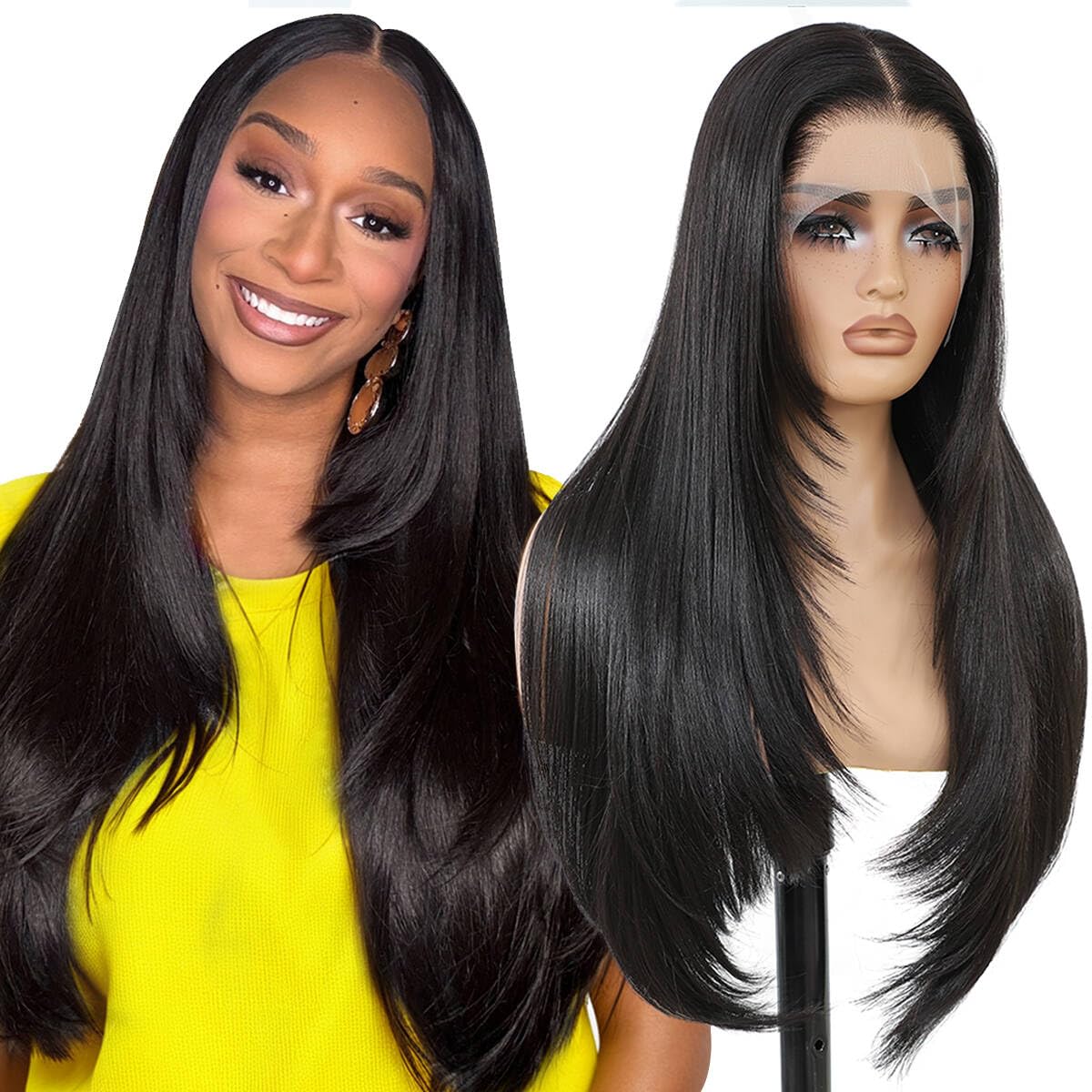 Synthetic Lace Front Wigs Pre Plucked 13x4 HD Lace Black Wigs For Women 26 Inch Long Layered Straight Wigs 100% Futura Premium Fiber Wig With Bangs Ready to Wear Beginner Friendly Daily Use Natural Black