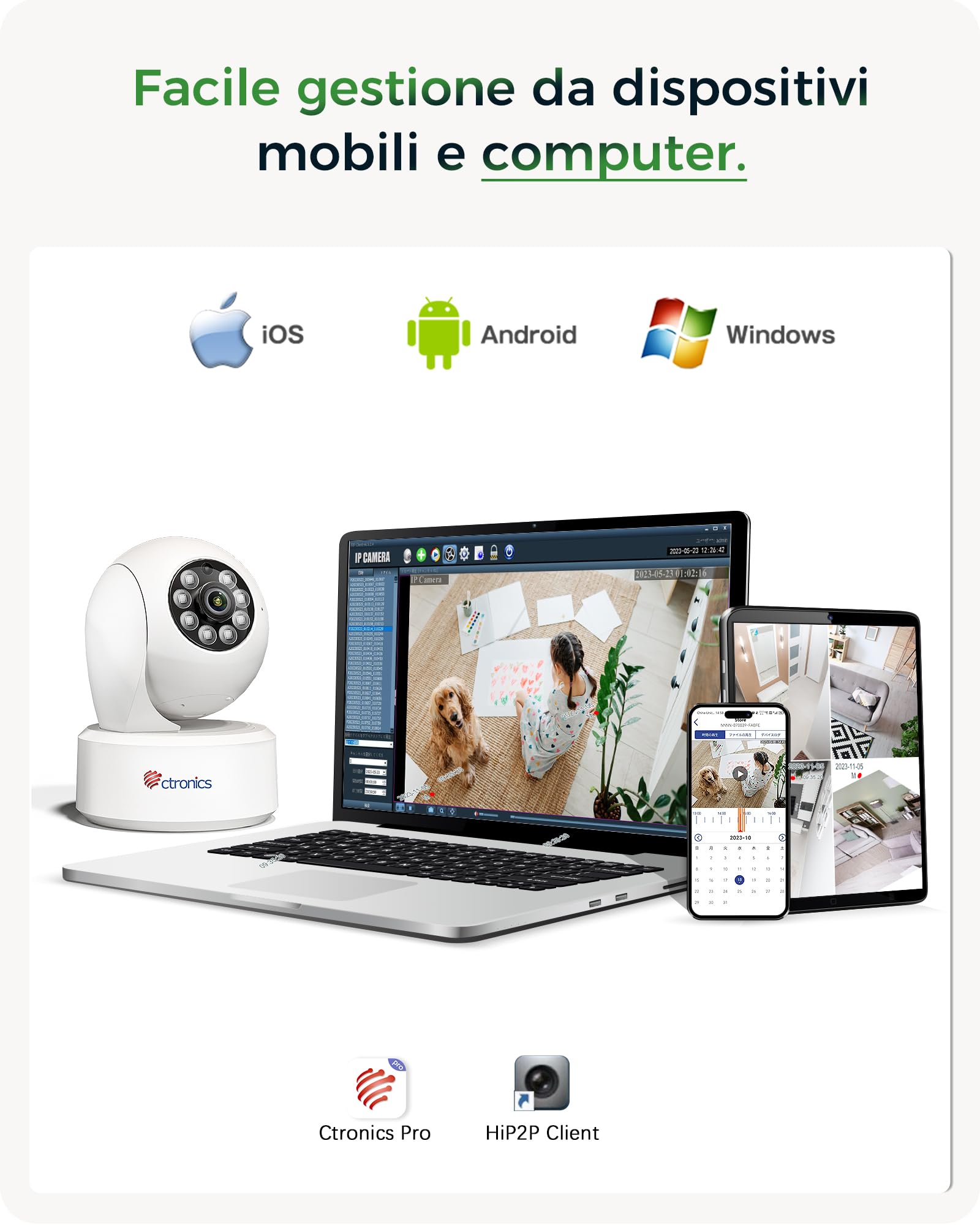 Ctronics 4K 8MP Telecamera di per interni, 5GHz Wi-Fi, Tracciamento automatico, Rilevamento AI persone/animali domestici, 360° PTZ da PC, 24/7, Archiviazione su cloud e scheda TF da 256 GB, FTP/NVR | WiFi 2.4/5GHz, 355° Pan/120° Tilt PTZ, Cloud & 256GB TF