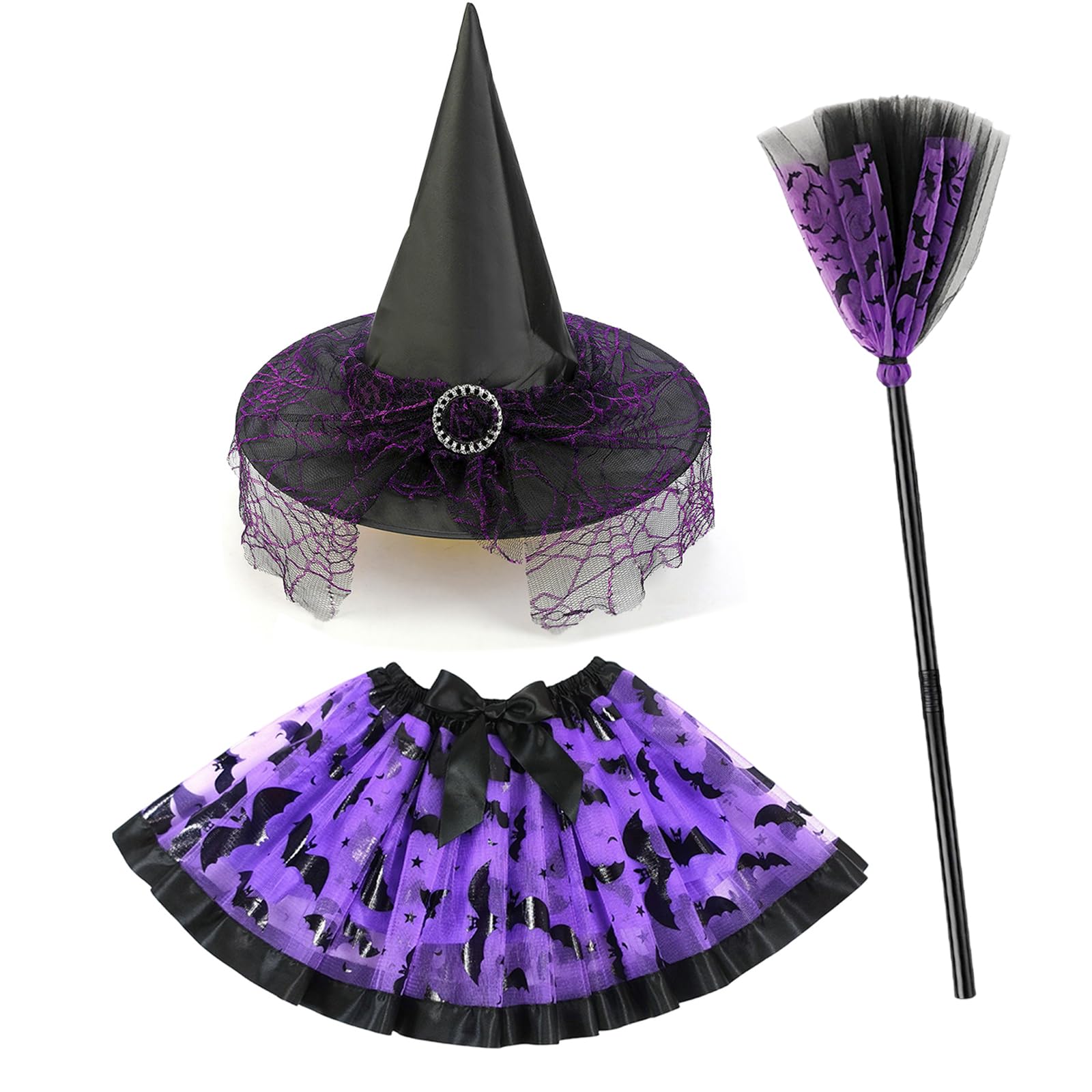 ZNDFTW Kids Witch Costume with Purple Tutu, Witch Hat and Broom  Halloween Costume for Girls, Fancy Dress Outfit for Toddlers & Children