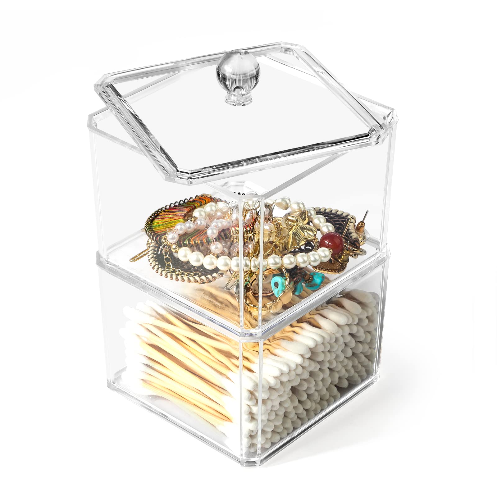 Baytion Dispenser Holders,2 Pack in One Set Cosmetics Organizer 15 Oz Transparent Acrylic Canister Set with Covers for Cotton Ball,Cotton Swab,Bath Salts,Headrope in Bathroom,Vanity Countertop (Clear)