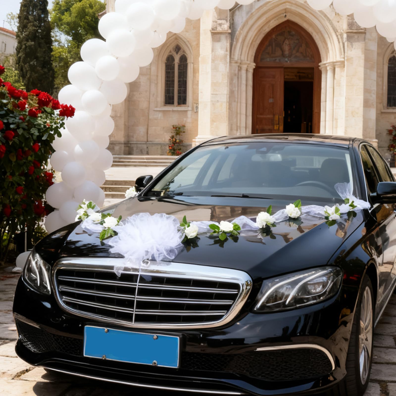 Wedding Car Decorations – Artificial Flower Ball Bouquet & White Yarn Balls Tulle Ribbon Set, Artificial Flowers with Suction Cups, Just Married Decor Cars Bow for Bridal Shower Ceremony
