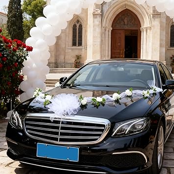 Wedding Car Decorations Artificial Flower Ball Bouquet & White Yarn Balls Tulle Ribbon Set, Artificial Flowers with Suction Cups, Just Married Decor Cars Bow for Bridal Shower Ceremony