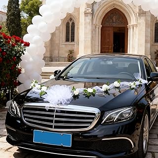 Wedding Car Decorations – Artificial Flower Ball Bouquet & White Yarn Balls Tulle Ribbon Set, Artificial Flowers with Suction Cups, Just Married Decor Cars Bow for Bridal Shower Ceremony