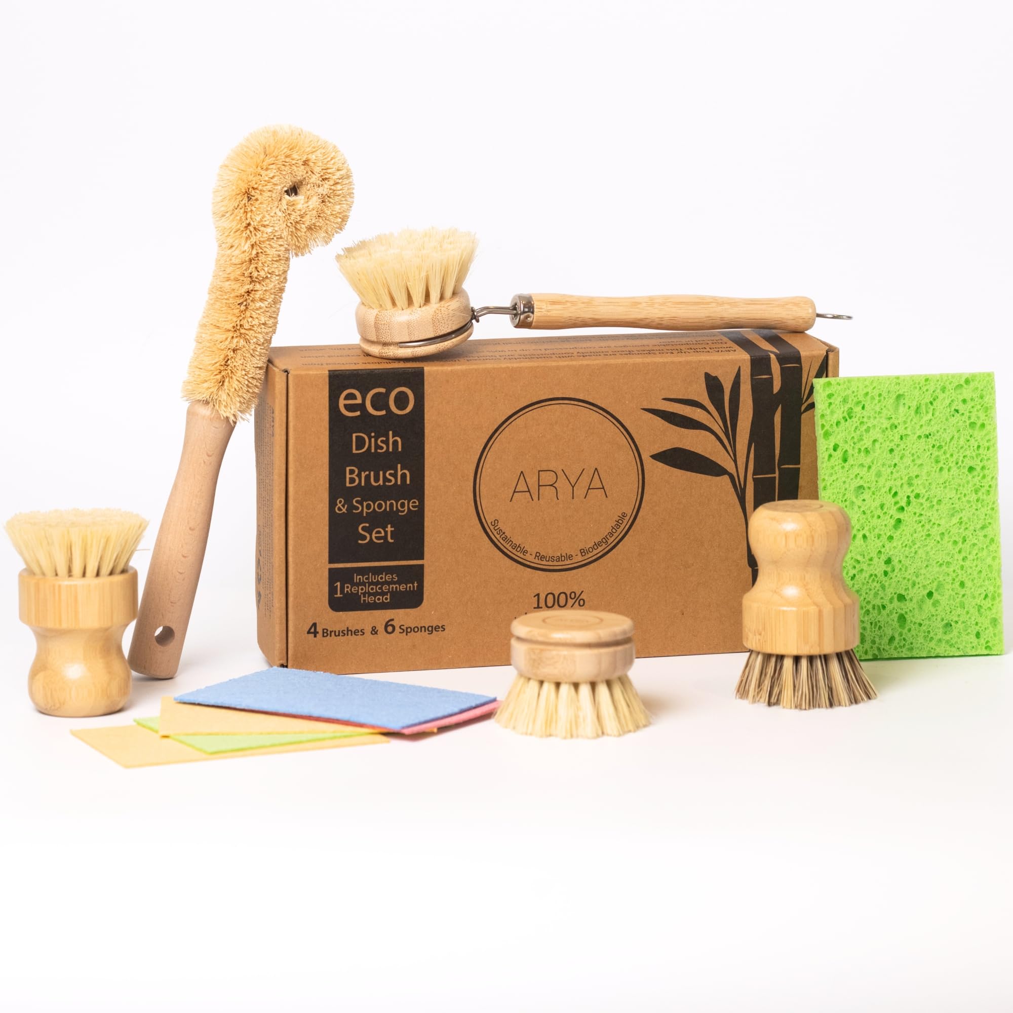 ARYA Spülbürste & Schwamm Set aus Holz - Eco Spülbürste mit austauschbarem Kopf, Flaschenreinigungsbürste, 2 Bambus-Topfbürsten & 6 natürliche Zellulose-Pop-Up-Schwämme für die Küchenreinigung