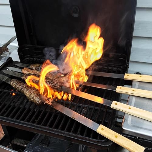 Miniatura 6 de Goutime Juego de 7 brochetas de barbacoa de acero inoxidable de 23 x 58 pulgadas con mango de madera para cocinar al aire libre, juego de 7 con bolsa