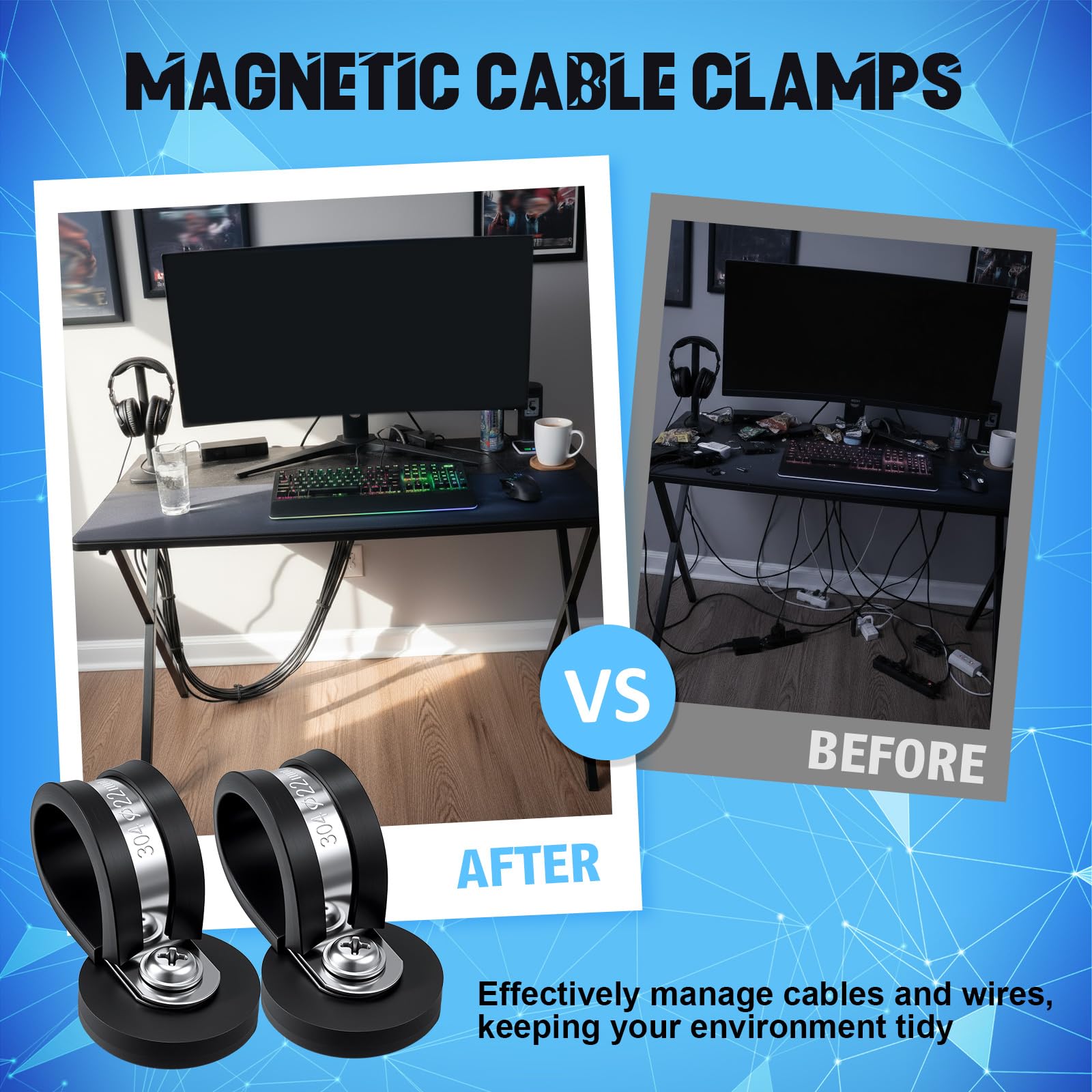 LEIFIDE Paquete de 12 abrazaderas de cable de acero inoxidable de 3/4 pulgadas, abrazaderas de cable magnéticas resistentes, abrazadera aislada acolchada de goma, soporte de clips de cable aislado