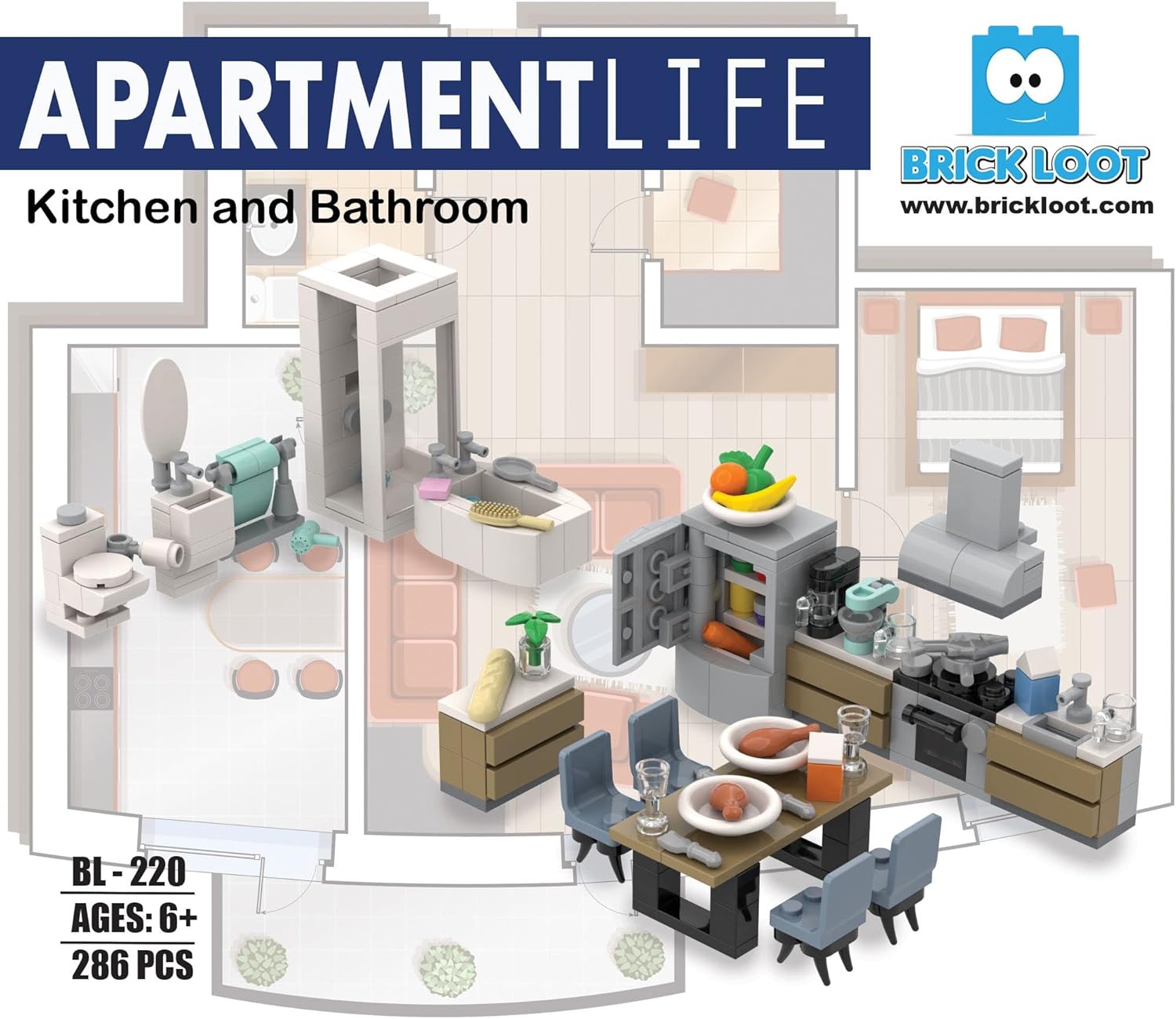 Brick Loot Kitchen & Bath Building Brick Set – Including 288 Pieces of Furniture for Living Room, Kitchen & Bathroom – 100% Compatible with Lego & Major Brands – Ideal for Adults & Kids Age 6+