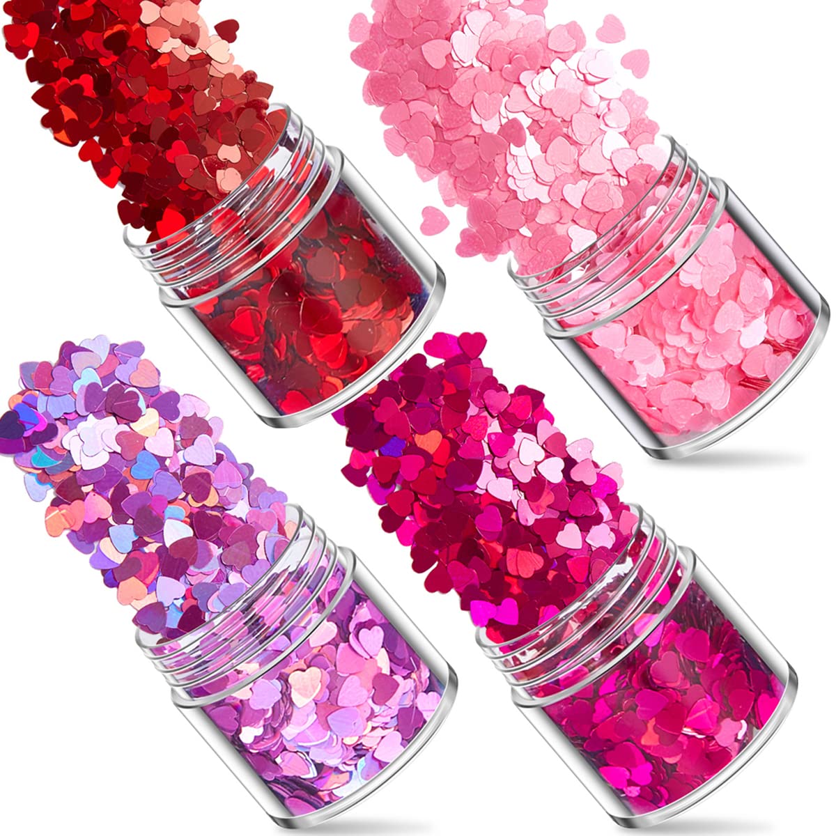 Valentine's Day Nail Art Glitters Red Heart Holographic Nail Glitter Heart Shaped Glitter Nail Sequins Confetti Flakes Acrylic Nail Art Decoration Eye Face Body DIY Craft Supplies,4 Boxes