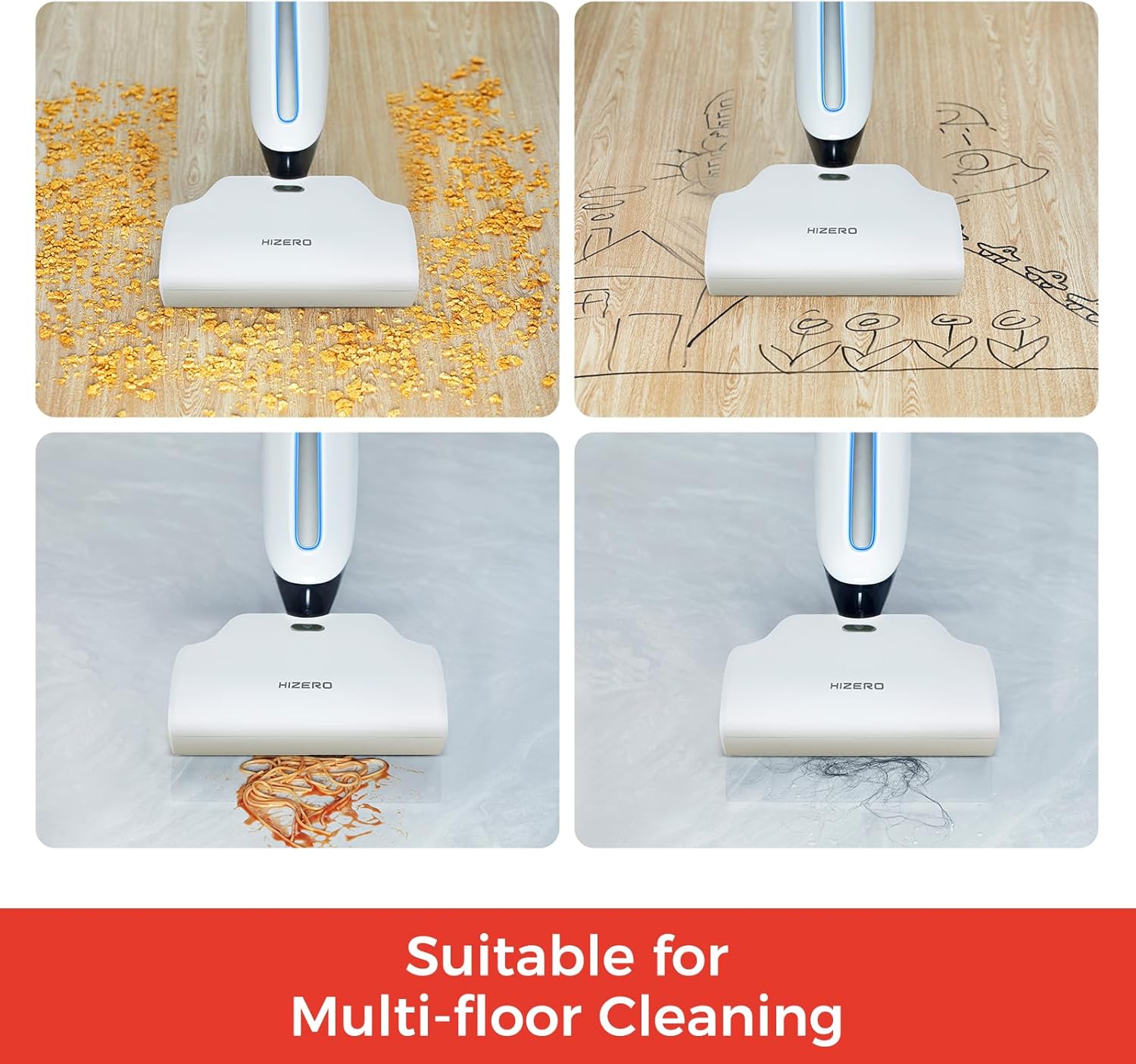 Hizero F500 cleaning various types of spills on different hard floor surfaces