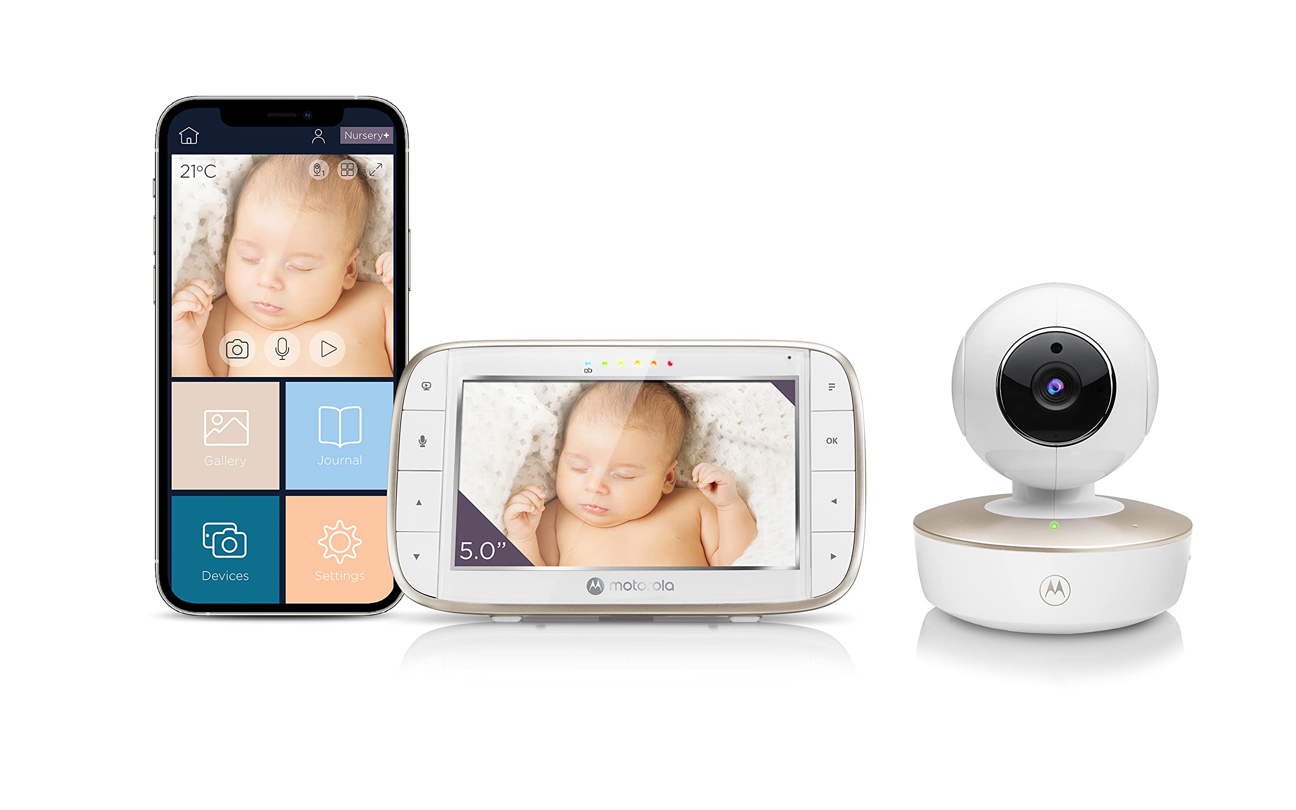 Motorola Nursery VM855 - Vigilabebés con conexión Wi-Fi con aplicación y unidad para padres de 5 pulgadas, visión nocturna, temperatura y conversación bidireccional, 480p, Sólo movimiento