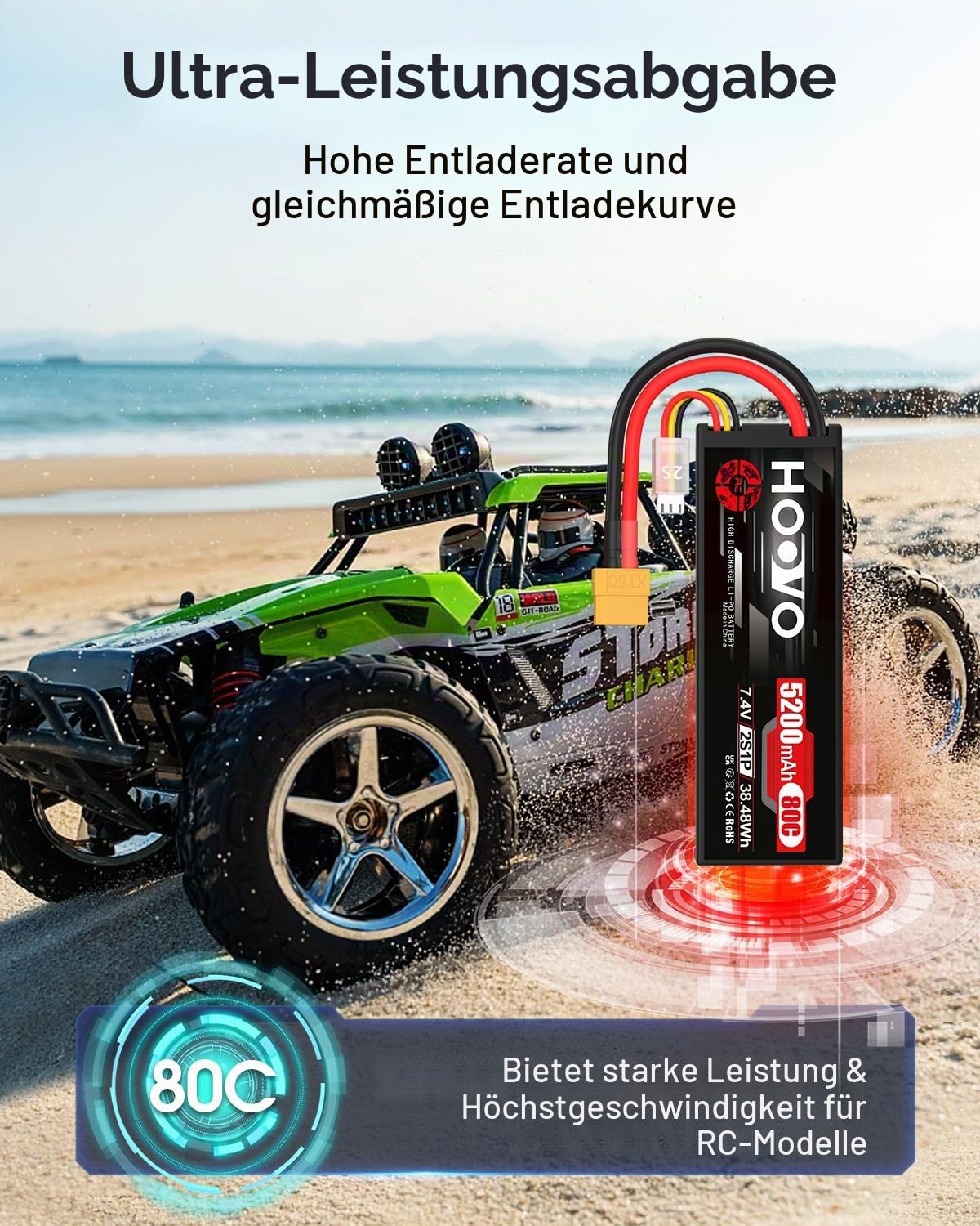2S LiPo Akku 7,4V 5200mAh 80C RC Akkus Hartschalenkoffer mit XT60 Stecker Ersatzakku HOOVO für RC Car Truck Heli Flugzeug Rock Crawler Flugzeug Hubschrauber Truck Boot (2PCS)