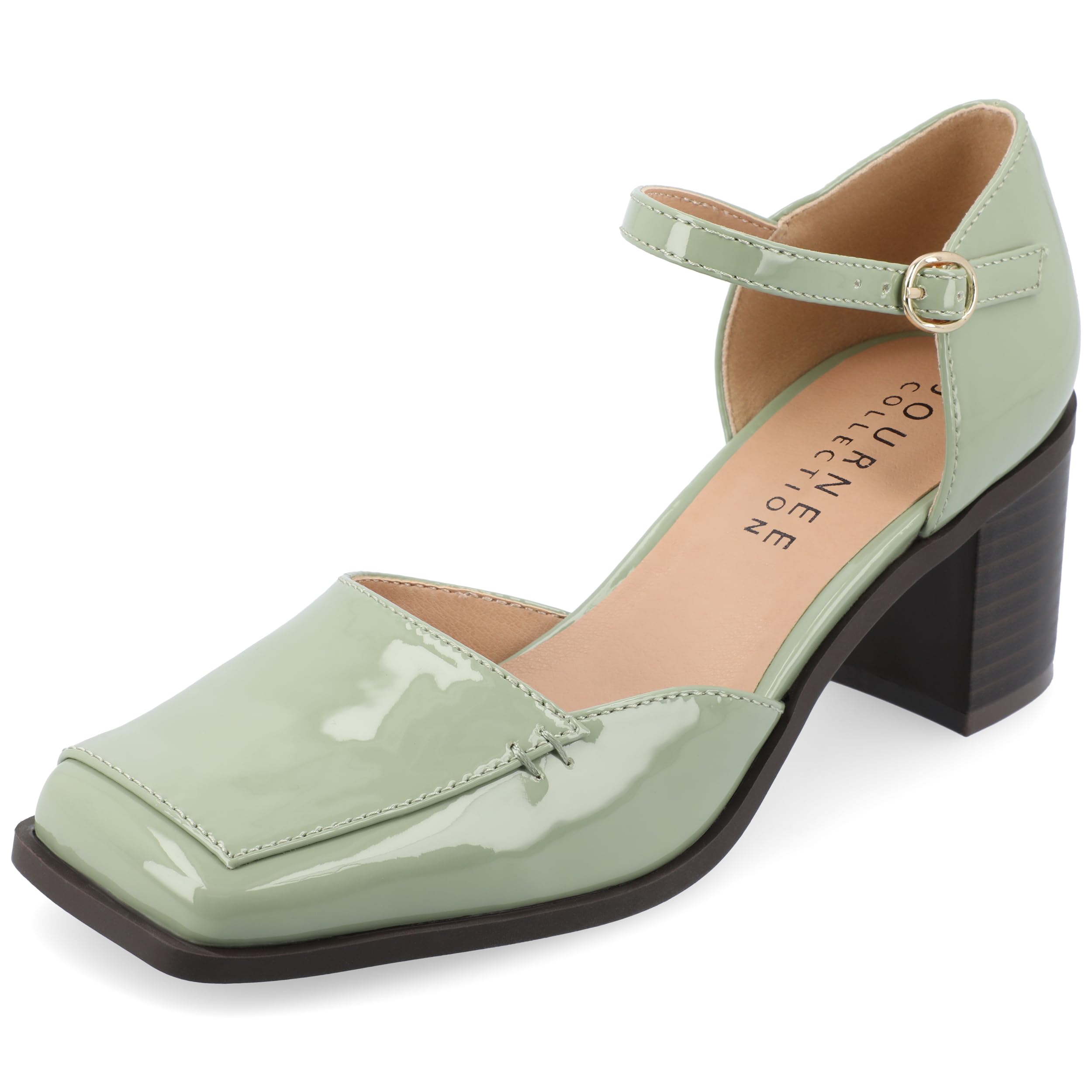 Journee Collection Womens Buckle Strap Open Square Toe Chunky Stacked Block Heel Evangeline Comfort Foam Pumps