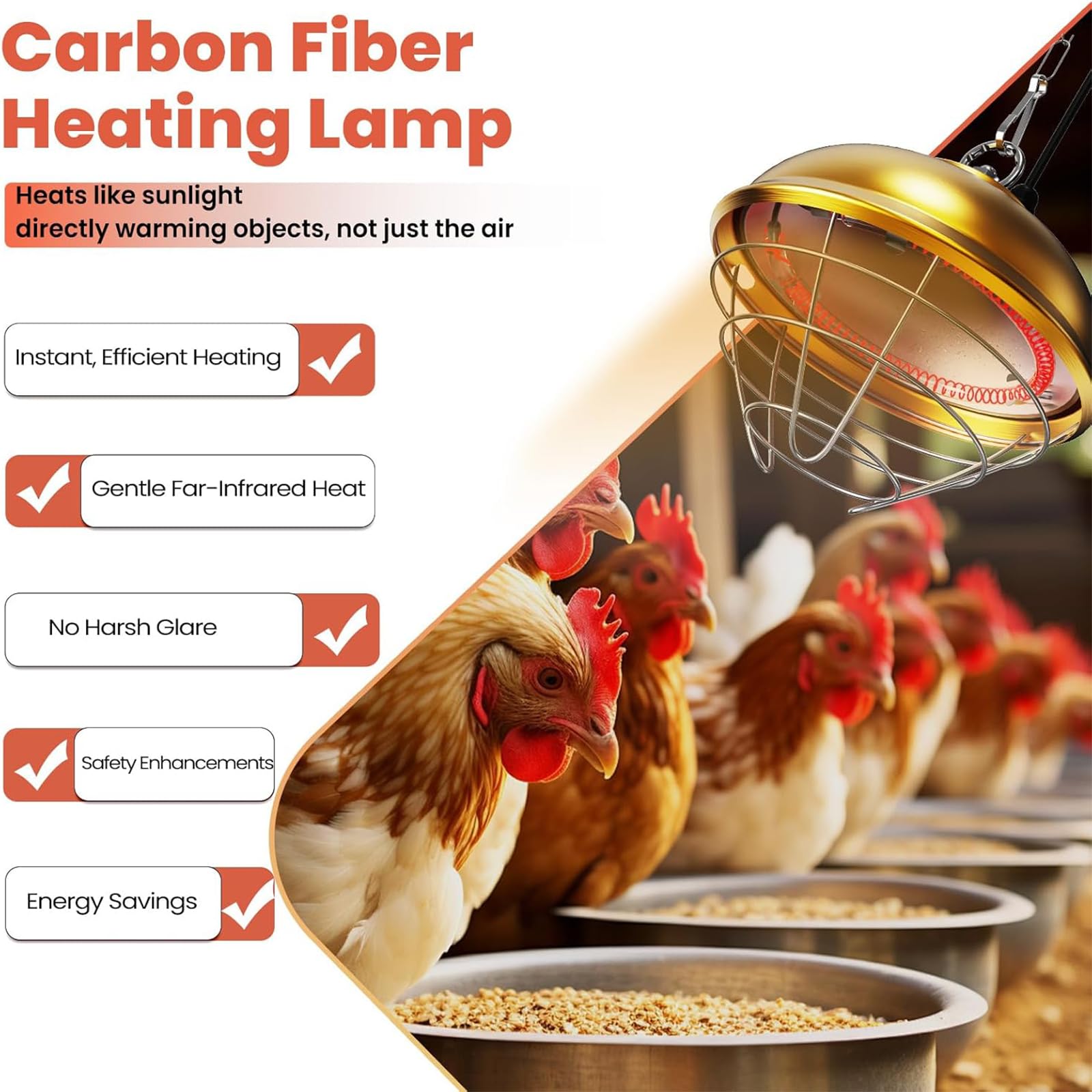 Calentador de gallinero, lámpara de calor para pollos de 550 W, bobina calefactora de fibra de carbono, con temperatura de calentamiento ajustable, altura para colgar, pantalla de aleación de aluminio