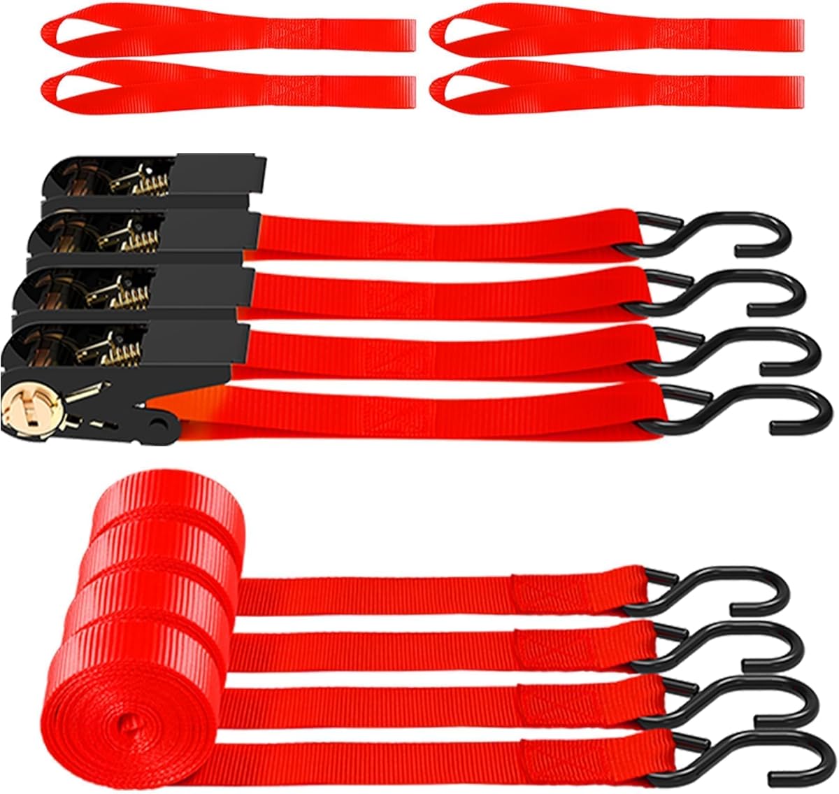 AWELCRAFT Ratchet Straps 4 Pack,1 Inch x 15 Feet Tie Down Ratcheting Strap,1500lb Breaking Strength with S-Hook,4X Soft Loops for Moving Appliances,Lawn Equipment,Truck,Motorcycle(Red)
