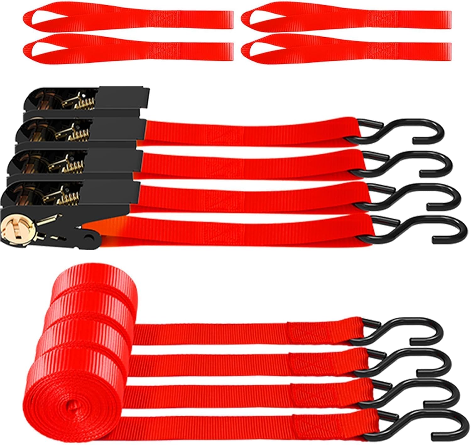 AWELCRAFT Ratchet Straps 4 Pack,1inx 15ft Tie Down Strap,1500lbs,Red | 1500lbs Break Strength.With S-Hook & 4 x Soft Loops. For Truck,Cargo Trailer,Motorcycle, ATV & UTV Adjustable Tie Downs.