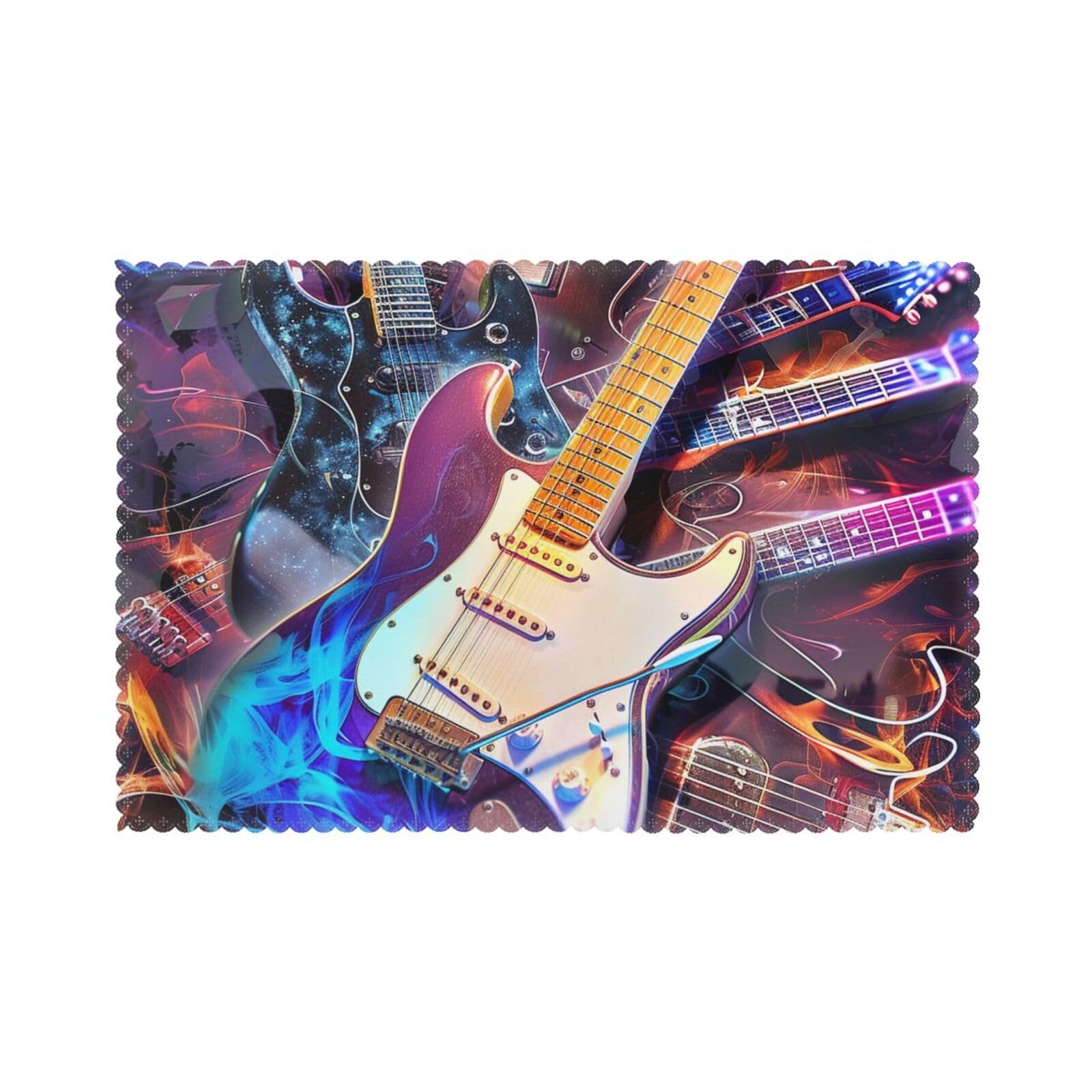 Magic Electric Guitar Music Printed Placemats Set (45x30 CM, 6-Piece) - Heat-Resistant Place Mats Washable Table Mats for Dining Table Kitchen Parties