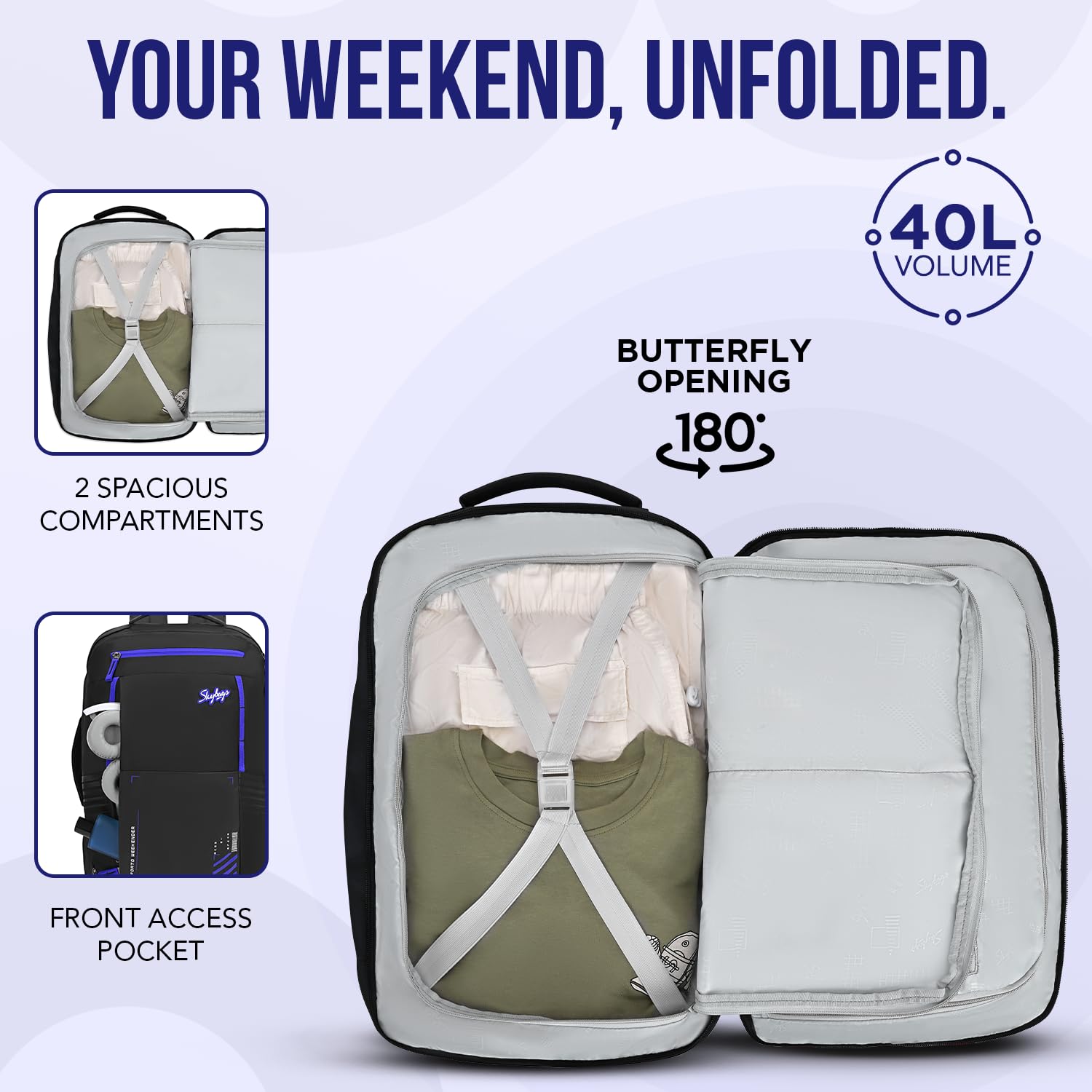 Skybags Porto Spacious 40L Weekender Backpack, 2 Compartments, Black-Blue — Amazon image 3