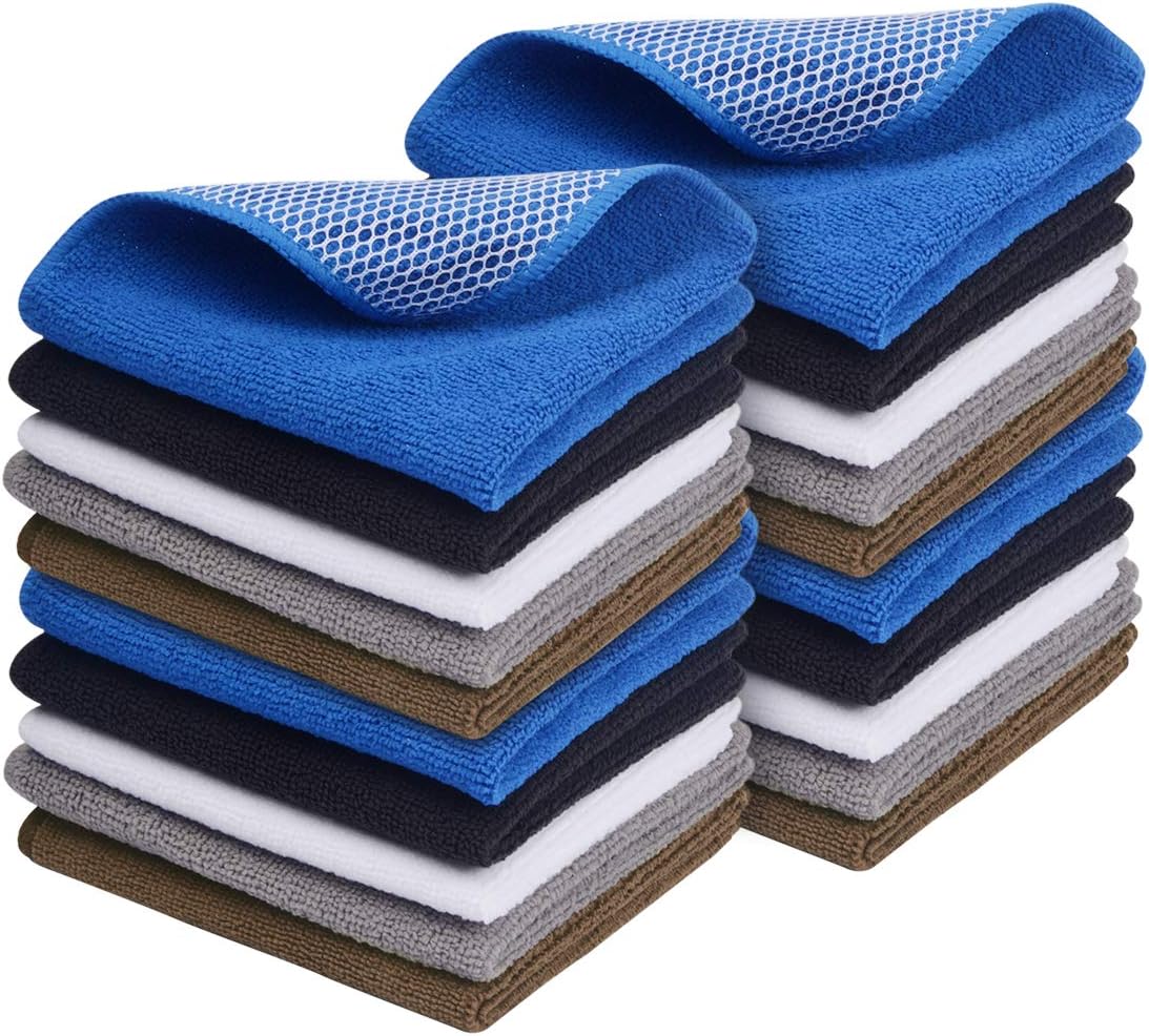 SINLAND Microfiber Dish Cloth for Washing Dishes Best Kitchen Washcloth Dish Rags Cleaning Cloths Poly Scour Side Color Assorted 12inchx12inch (Bluex4+whitex4+greyx4+brownx4+blackx4)