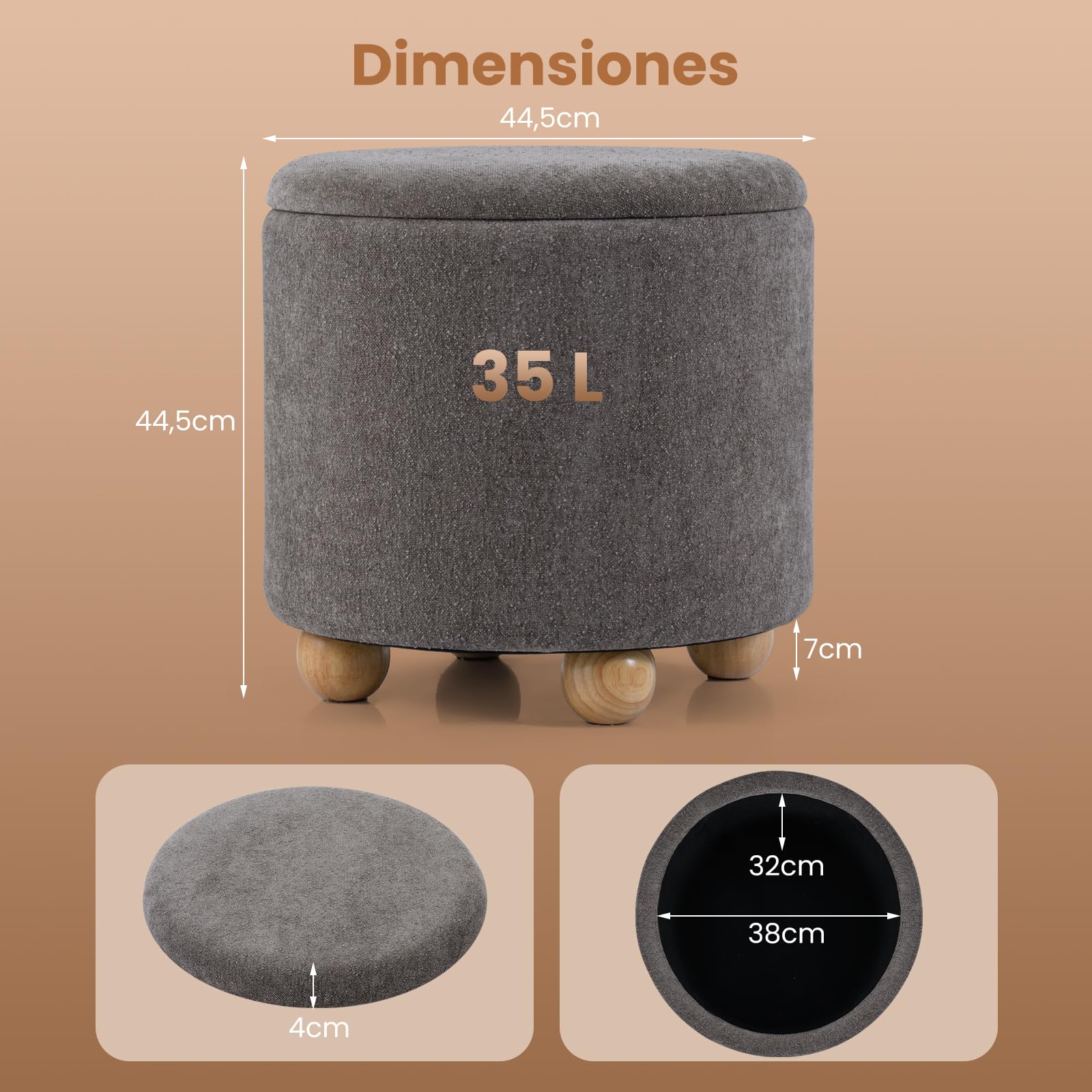 GIANTEX Taburete Redondo Tapizado con Almacenamiento, Puff de Almacenaje Pequeño con Tapa, Patas de Madera de Caucho, Capacidad de 150 kg, Reposapiés para Salón, Entrada, φ44,5 x 44,5 cm (Gris)