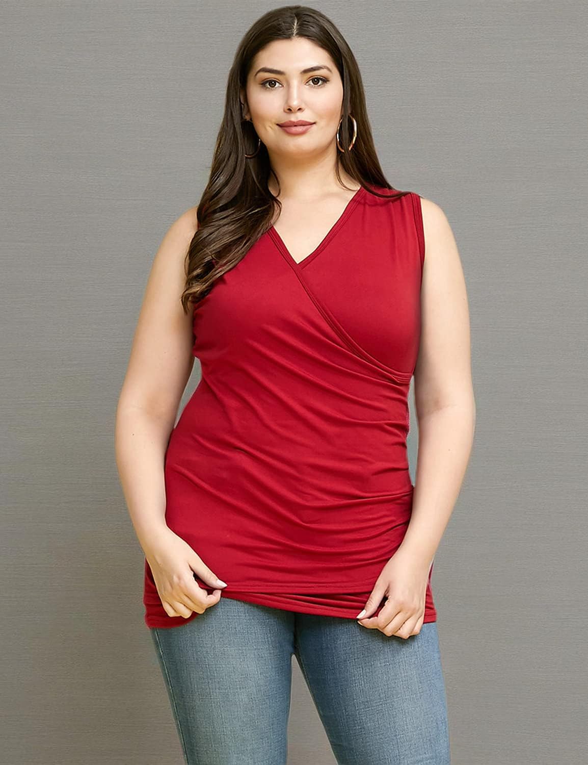 DOUBLJU Tank Tops For Women Cami Deep V Neck Sleeveless Satin Ruched Hem Tops Casual Basic Wrap T Shirts with Plus Size - Image 7