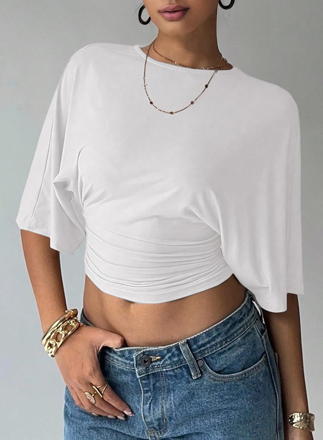 LOLONG Womens Crew Neck Half Sleeve Ruched Shirts Summer 2026 Casual Cinched Waist Crop Tops - Image 2