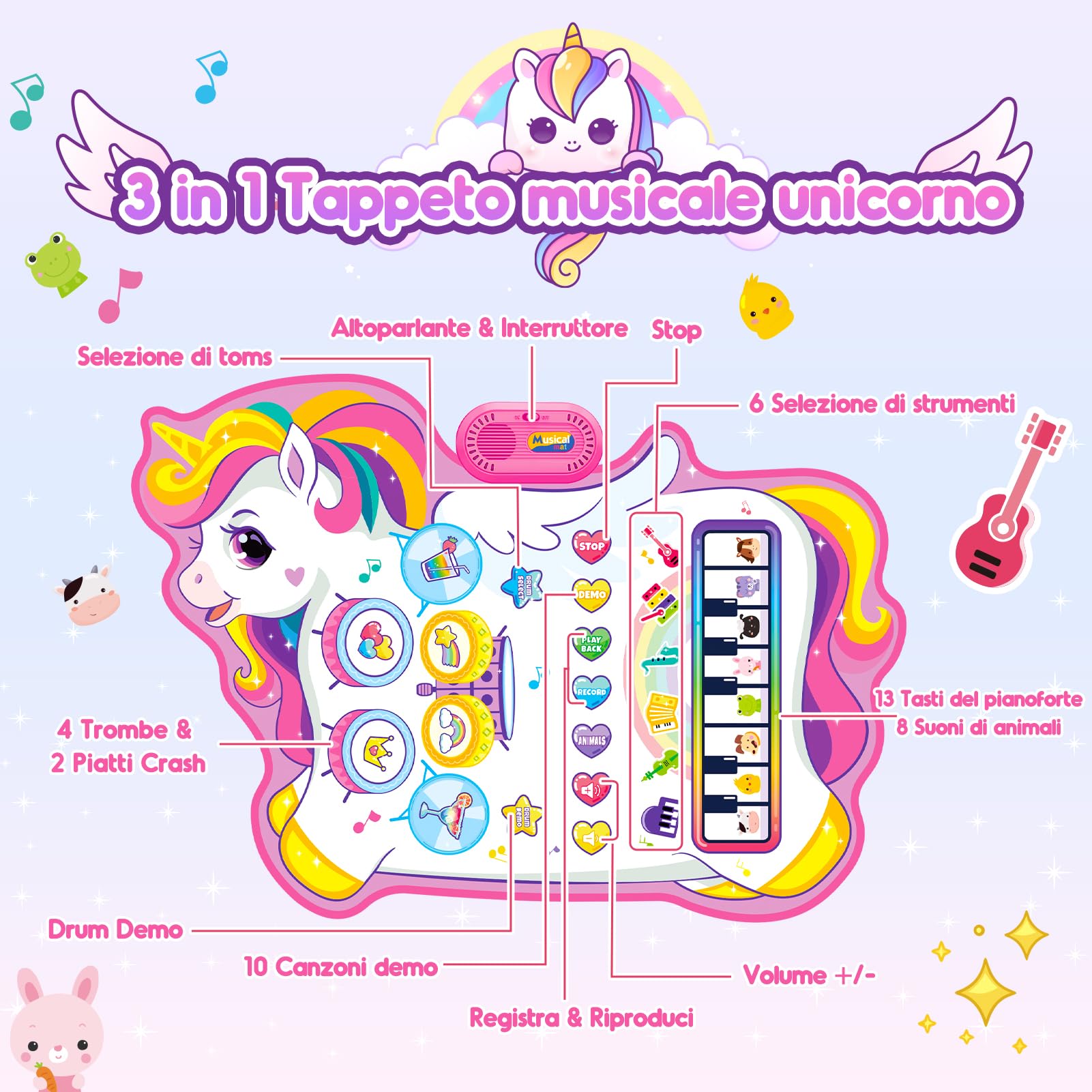 Gralal Giochi Bambina 1 2 Anni, Tappeto Musicale 3 in 1 Con 6 Strumenti E Registrazione Unicorno Regalo Giochi Gioco Bambina 1-2 Anno, Giocattoli Interattivi Regalo Bimba 1-3 Anni