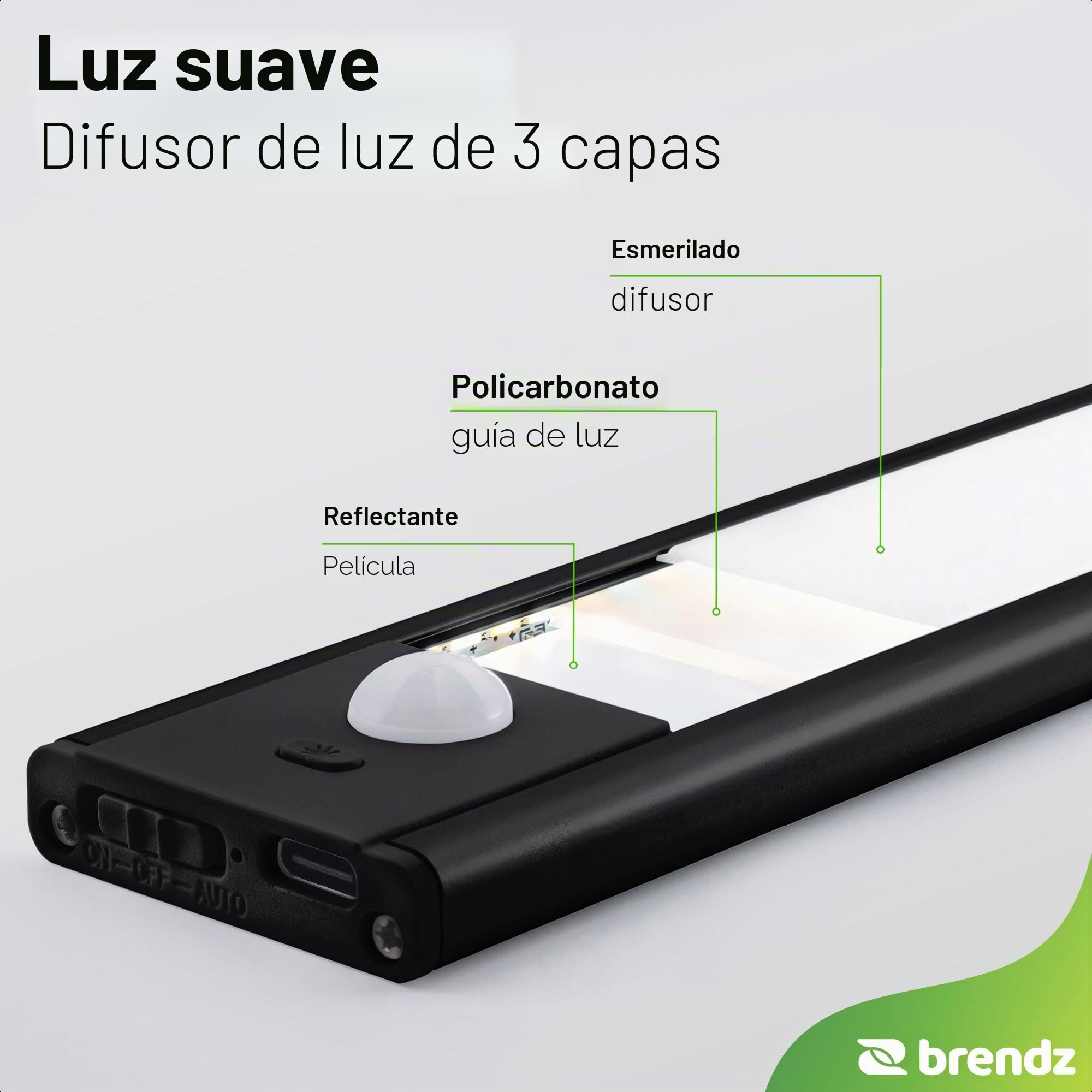 Brendz Luz LED Armario con Sensor de Movimiento, LED Cocina Bajo Mueble, 60cm, Recargables USB-C, 4400mAh, 3 Temperaturas de Color, Regulables, Magnético, Barra Cocina, Puyo Negro