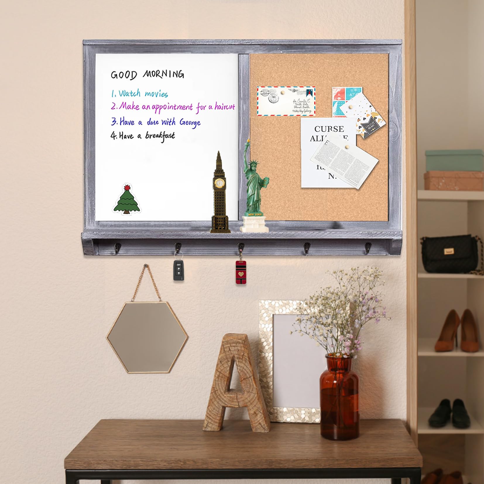 ZSB-6090GY, Wandmontiertes Whiteboard- und Korktafel, Wandschild mit Haken, Whiteboard und Pinnwand-Kombination, massives Kiefernholz, Vintage-Stil, grauer Rahmen, 60 x 90 cm