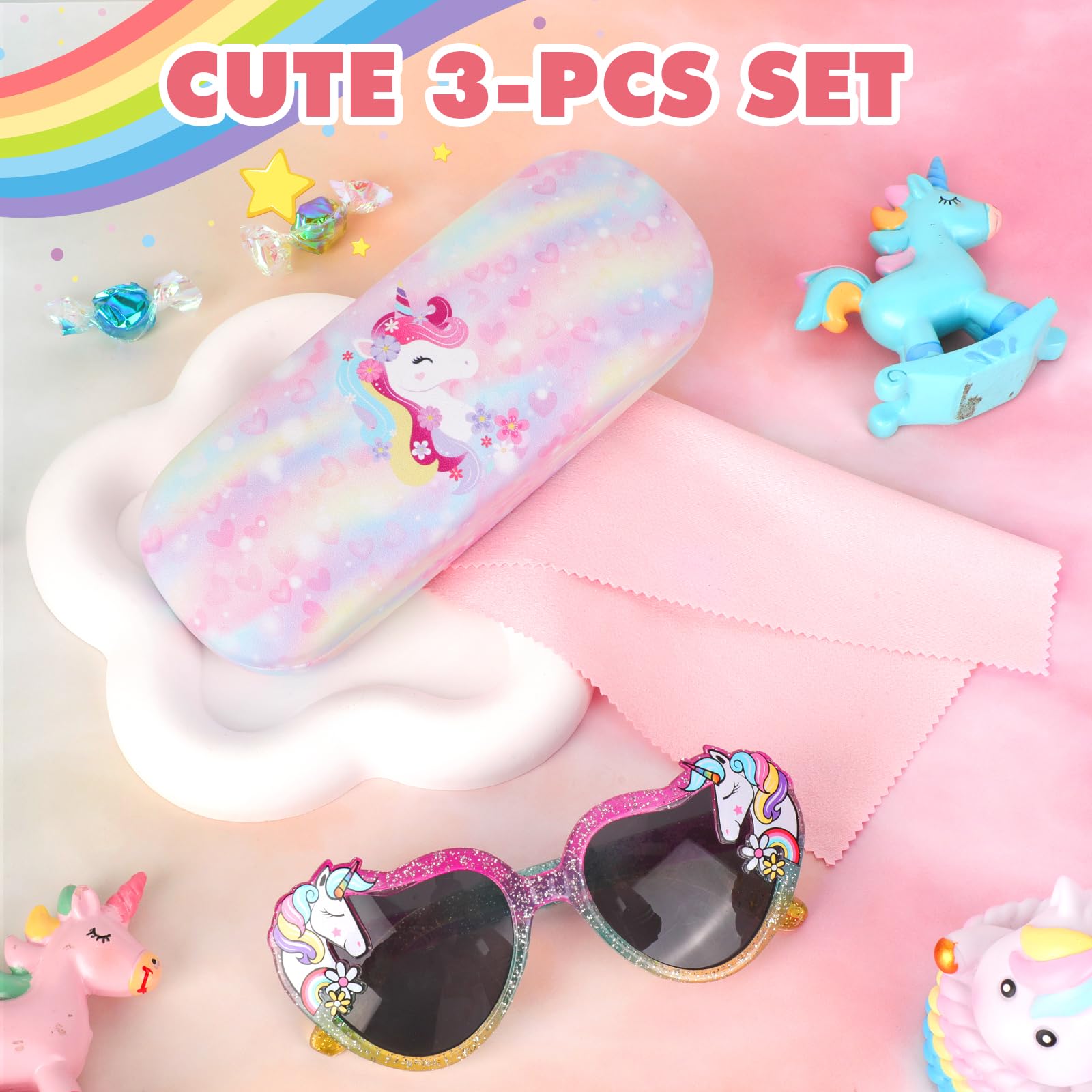 Gafas de sol Niña Corazon Unicornio UV400 Protección Rayos Decorativas Funda 3-10 Años