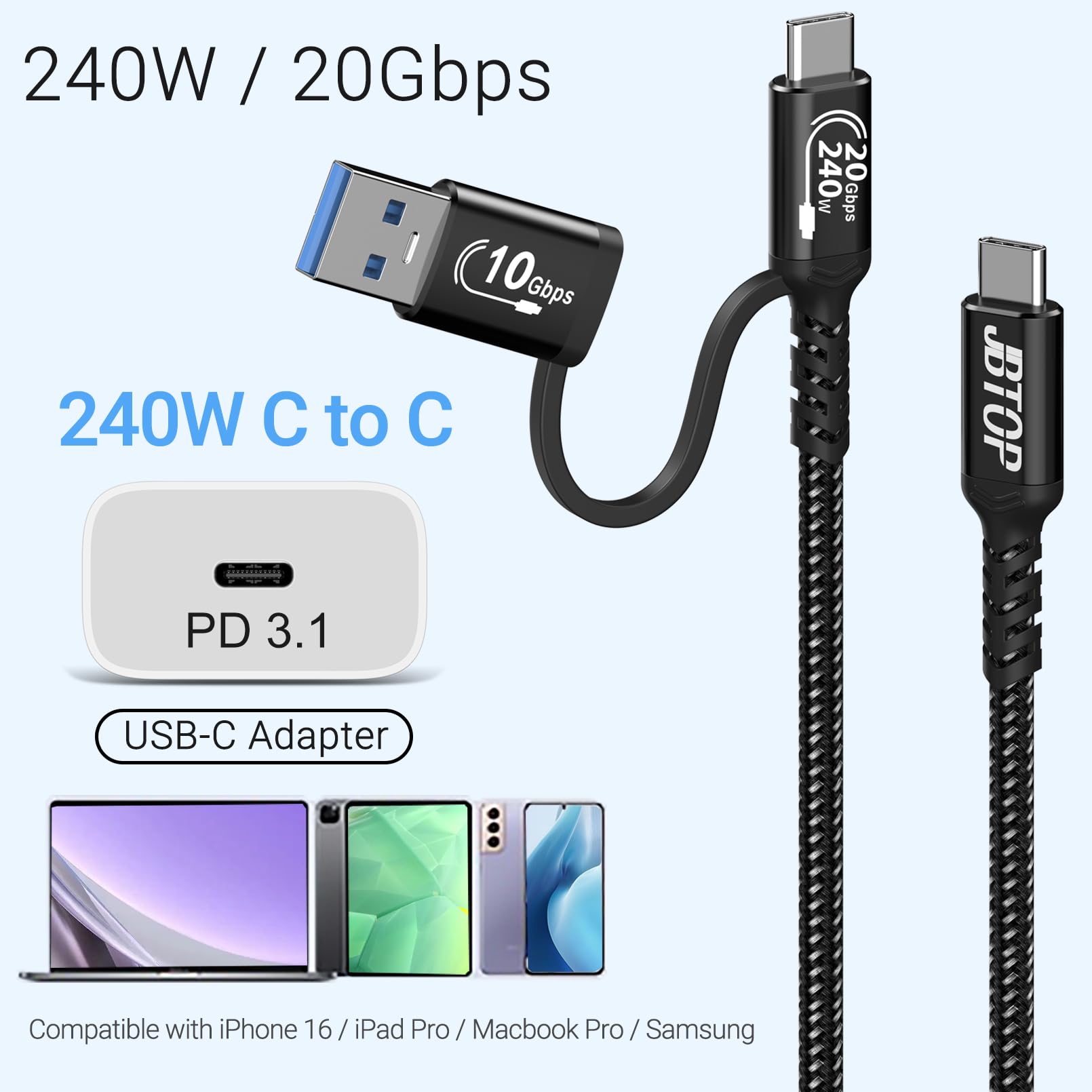 Cable USB A a C Android Auto de 3.3 pies [paquete de 2], 2 en 1 USB C 3.1 de carga rápida y transferencia de datos de 20 Gbps, cable USB CarPlay, compatible con iPhone 16 15 Pro Max, Galaxy S23