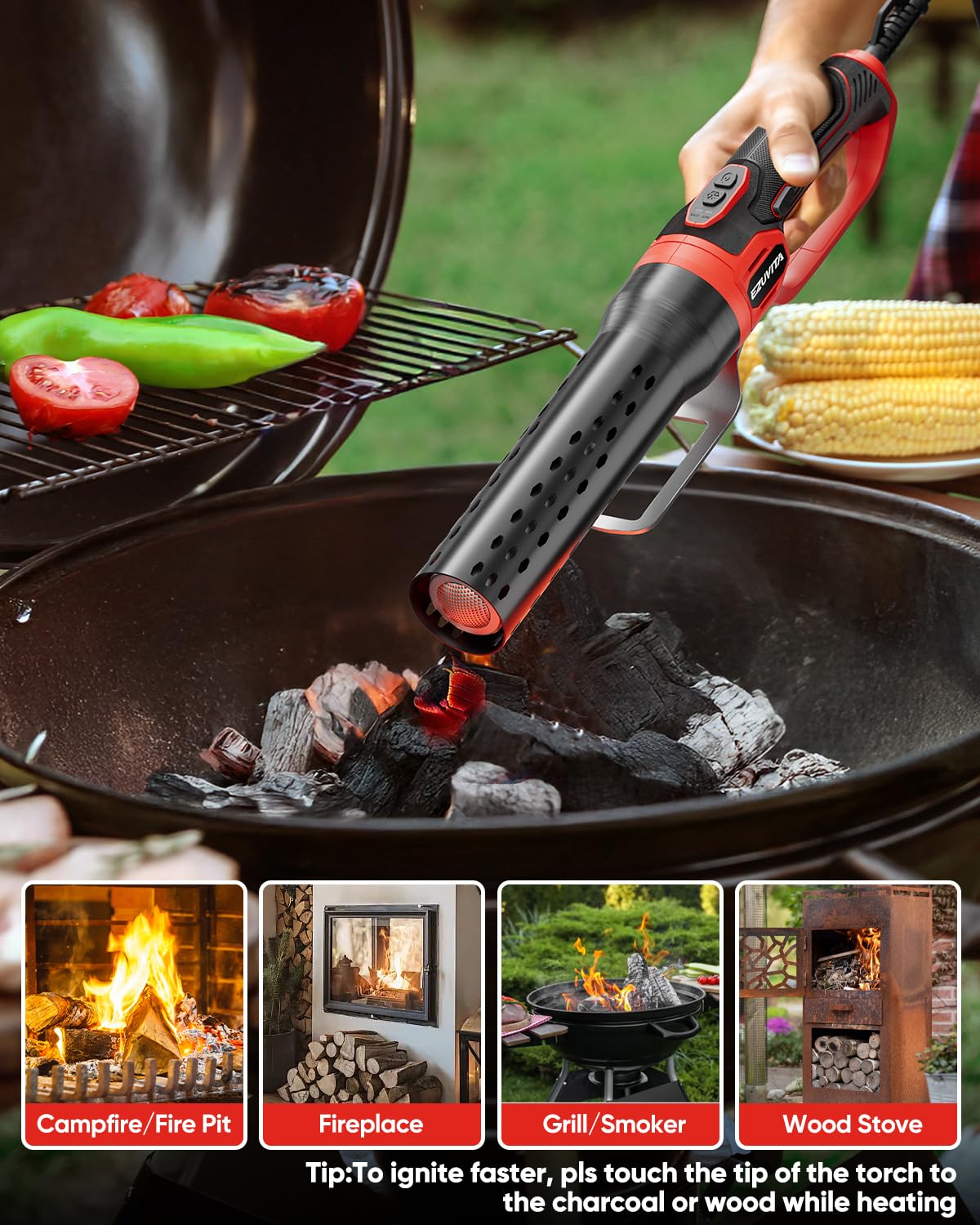 Allume-Charbon électrique 2000 W 700 °C 3 m câble soufflerie air barbecue cheminée bois gants inclus