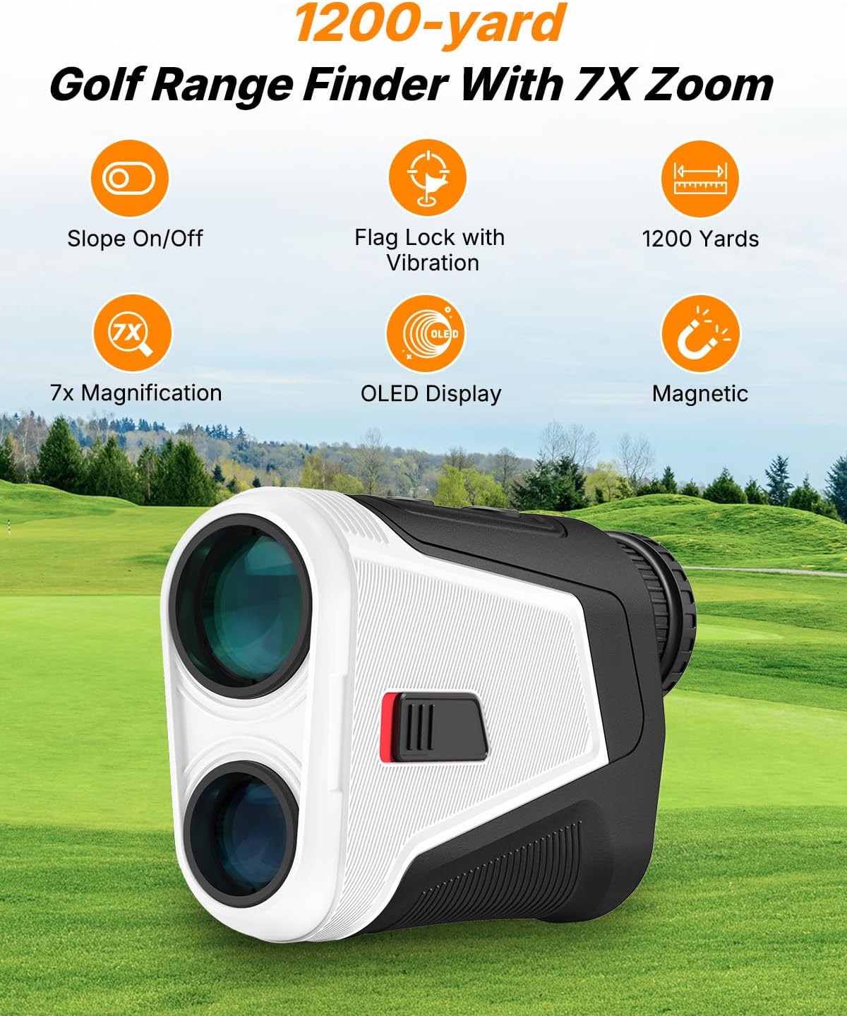 WOSPORTS Red OLED Display Golf Rangefinder with Slope, Ultra-Clear 1200 Yards 7X Magnification Laser Range Finder, Magnetic/Flag Pole Locking Vibration