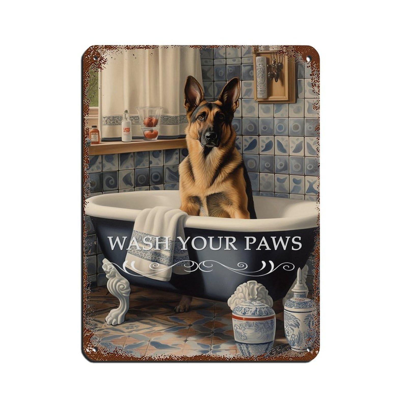 German Shepherd in Bath Fun Bathroom Art Tin Sign Vintage Metal Pub Club Cafe Bar Home Wall Art Decoration Poster Retro 12x16inch(30x40cm)