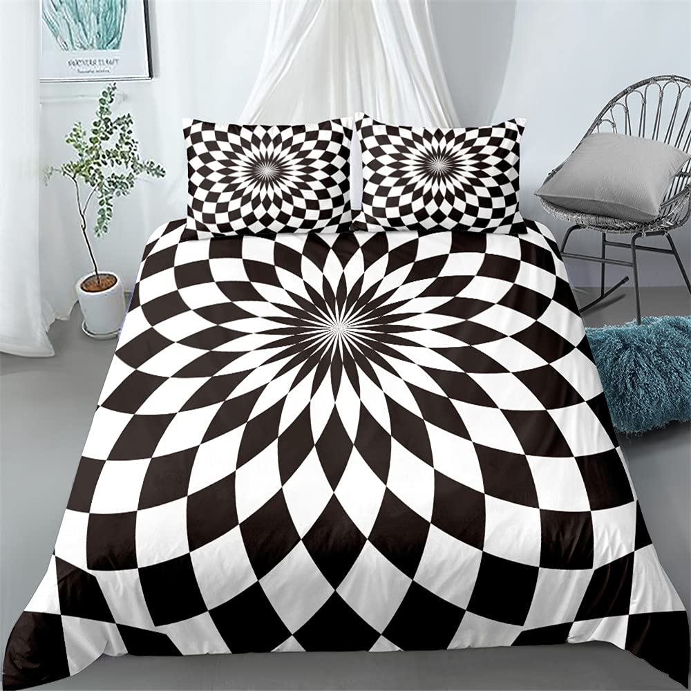 Czarno-biały zestaw pościeli 3D jednolity geometryczny romb mozaika wir gęsty okrągły nadruk o strukturze plastra miodu super king size poszewka na kołdrę 230 x 260 i 2 poszewki na poduszkę