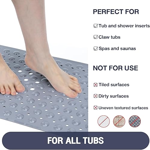 Miniatura 6 de Tapete extra largo para bañera color gris, antideslizante, suave, para bañera de 40 x 16 pulgadas, tamaño matrimonial, tapete para bañera y ducha