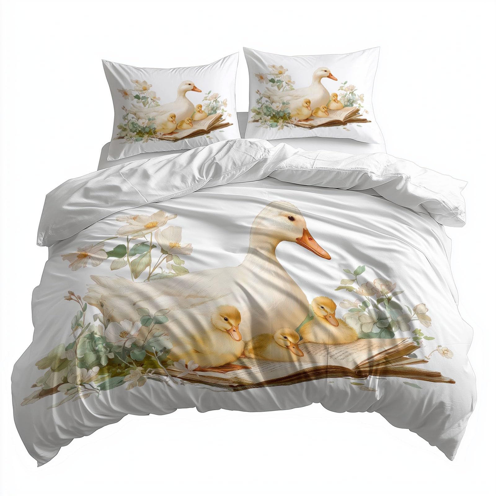 Set copripiumino matrimoniale beige, disegnato a mano, stile rurale, animali, anatre, in morbida microfibra, con chiusura a cerniera e lacci angolari, facile da pulire, set di biancheria da letto di