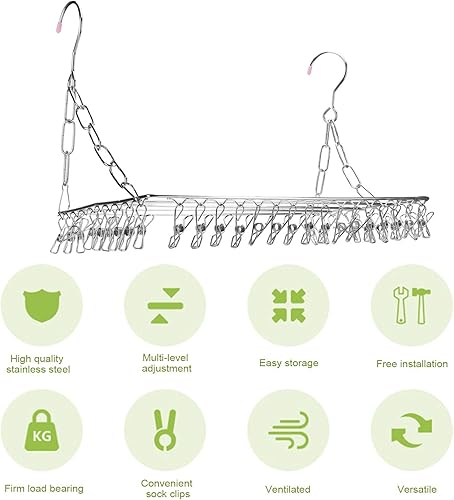 Miniatura 7 de Estante de secado de ropa de acero inoxidable Percha de calcetines plegable,Tendedero de secado de ropa con 36 clips,Gancho a prueba de viento