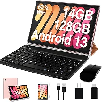 OangccTablet Android 13 Tablets 10 Inch 14GB RAM 128GB ROM 1TB Expand with Keyboard, Mouse, Case, 8000mAh Battery, Octa-Core, GPS, 5G/2.4G Wi-Fi, Bluetooth 5.0, IPS HD Display (Rose Gold)