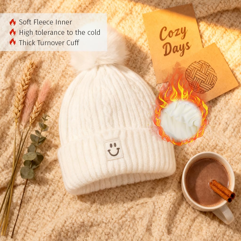 Zibuyu Winter Cap for Women, Wool Yarn Beanie, Pom Detail, White 2