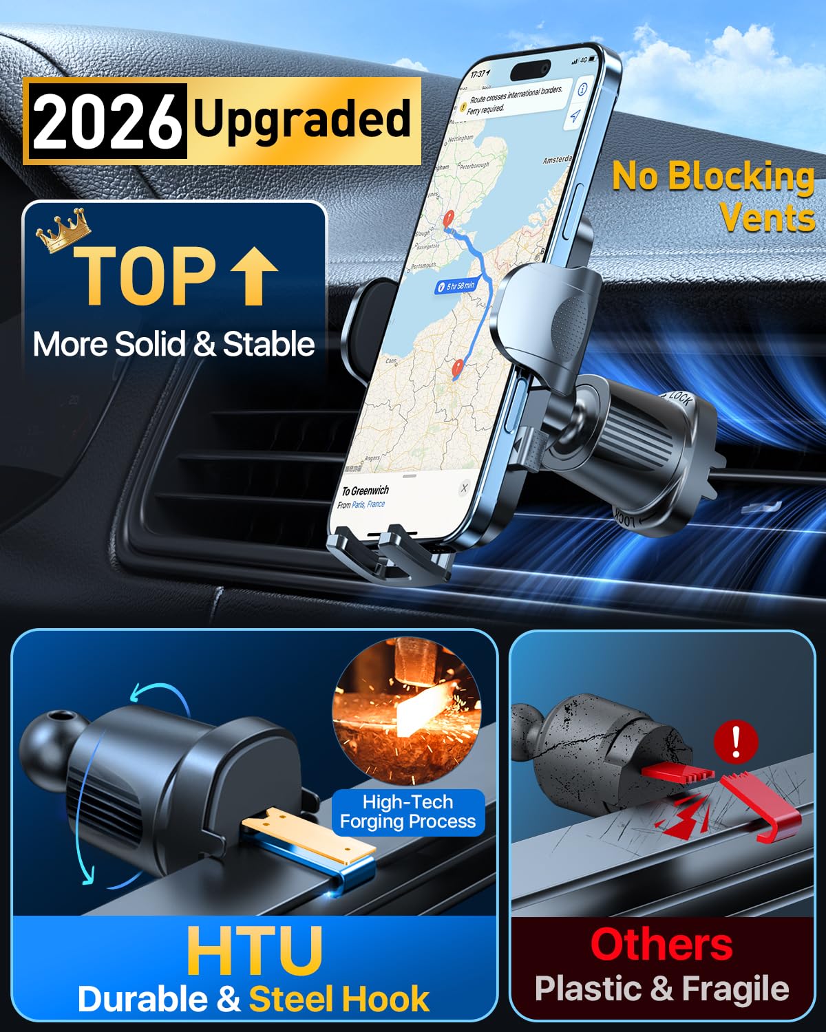 HTU Soporte de teléfono de coche con ventosa más fuerte mejorado, brazo flexible, nunca bloquea la vista, soporte giratorio para salpicadero y parabrisas, soporte de cuna para iPhone 17, 16, 15, 14