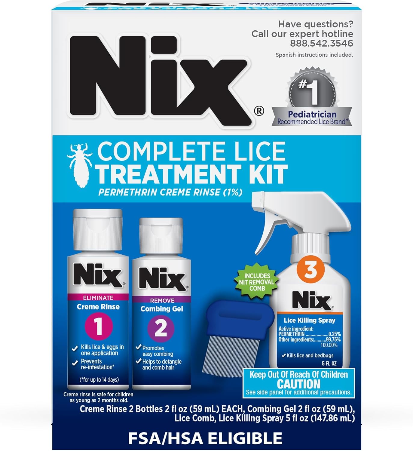 Nix Complete Lice Treatment Kit for Home and Hair, with Permethrin Crème Rinse, Combing Gel, Lice Comb, and Home Spray for Bedding and Furniture